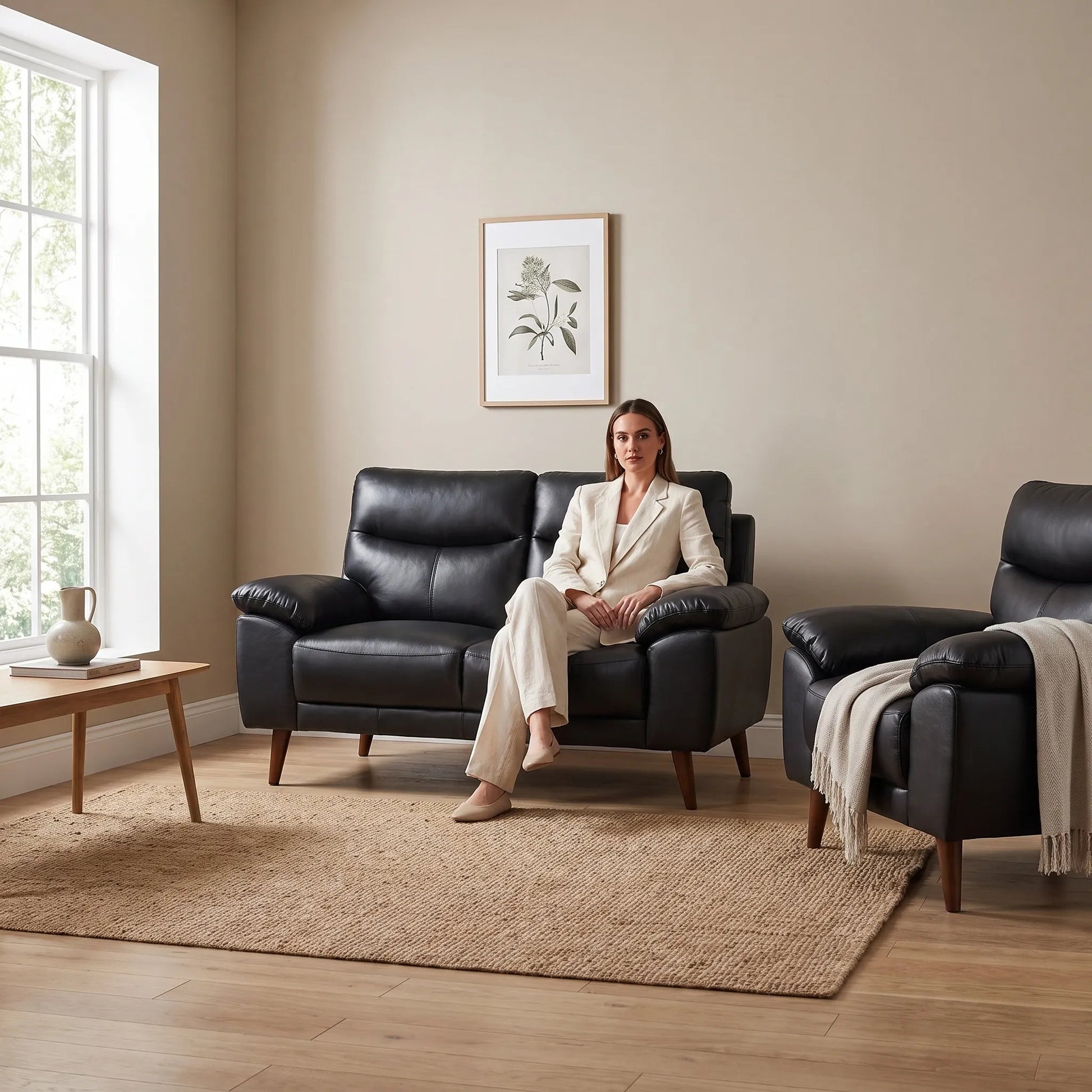 Vantage Genuine Leather Black 2+1 Seater Sofa Set - Furniture Instore