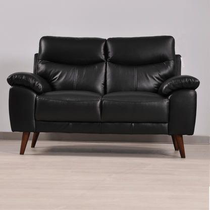 Vantage black 2-seater sofa in a modern living room with neutral decor, warm lighting, and stylish accents