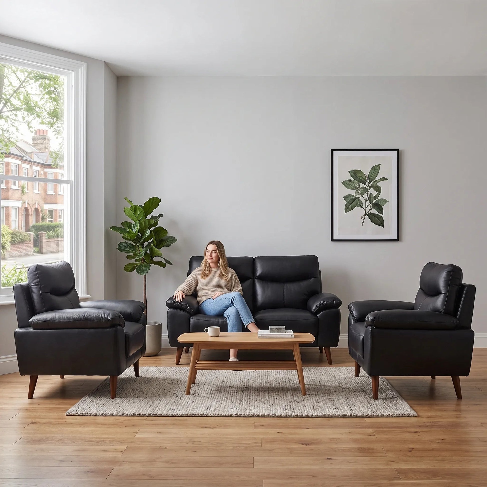 Vantage Genuine Leather Black 2+1+1 Seater Sofa Set - Furniture Instore