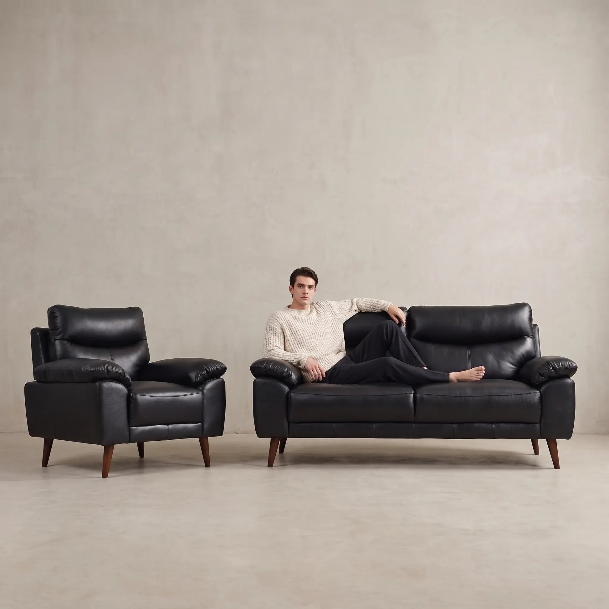 Vantage Genuine Leather Black 3+1 Seater Sofa Set - Furniture Instore