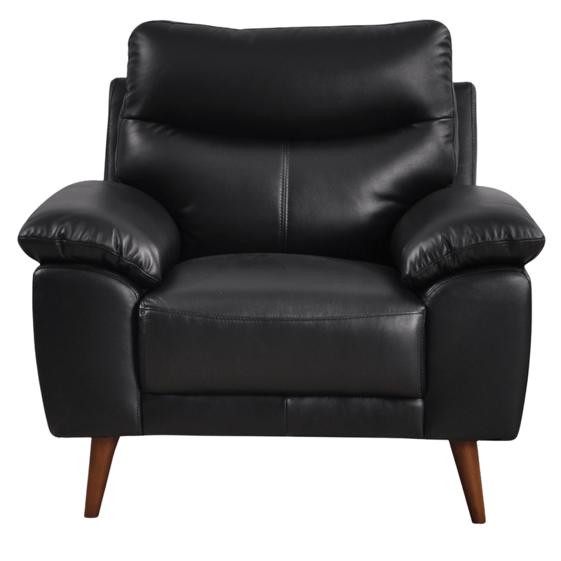Front-facing Vantage black armchair on a white background with sleek design and cushioned seat