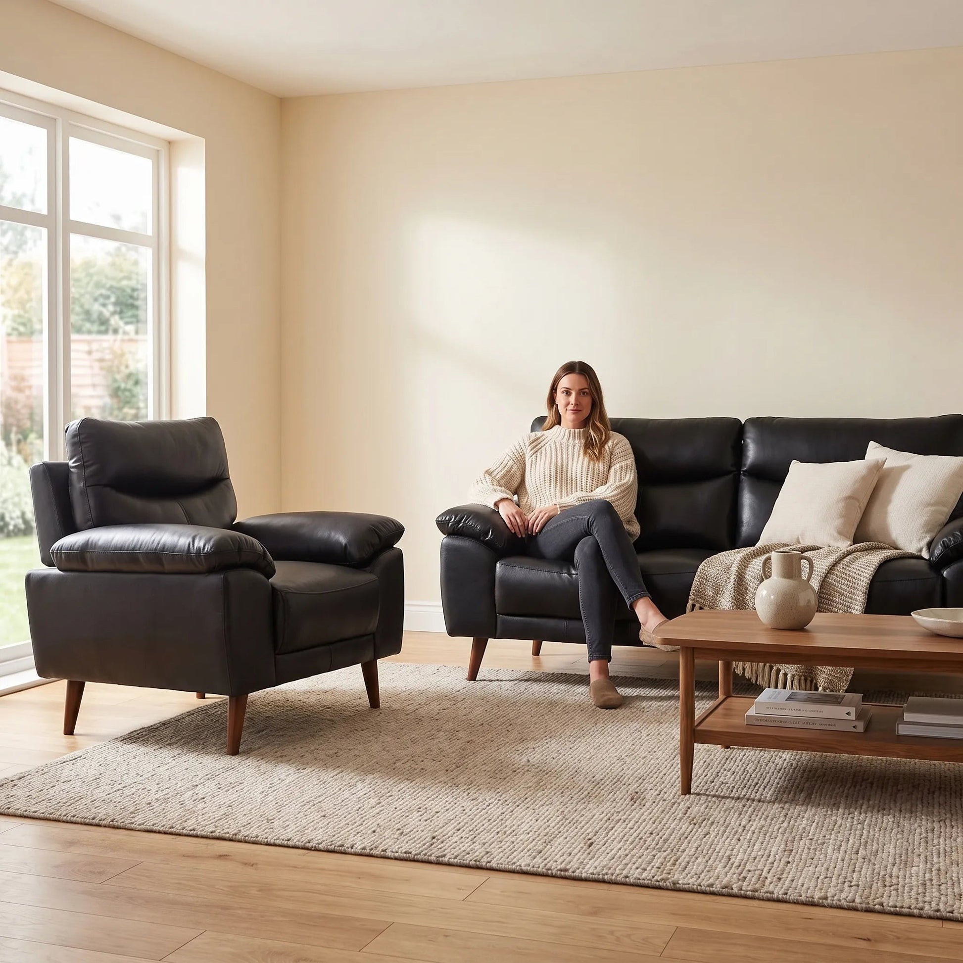 Vantage Genuine Leather Black 3+1 Seater Sofa Set - Furniture Instore