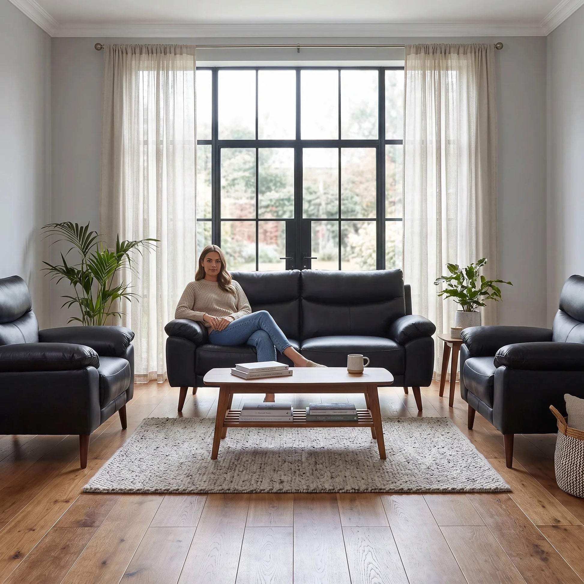 Vantage Genuine Leather Black 3+1+1 Seater Sofa Set - Furniture Instore