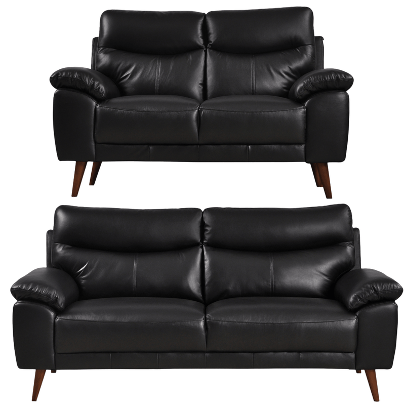 Front-facing Vantage black 3+2 sofa set on a white background with sleek cushions and modern design
