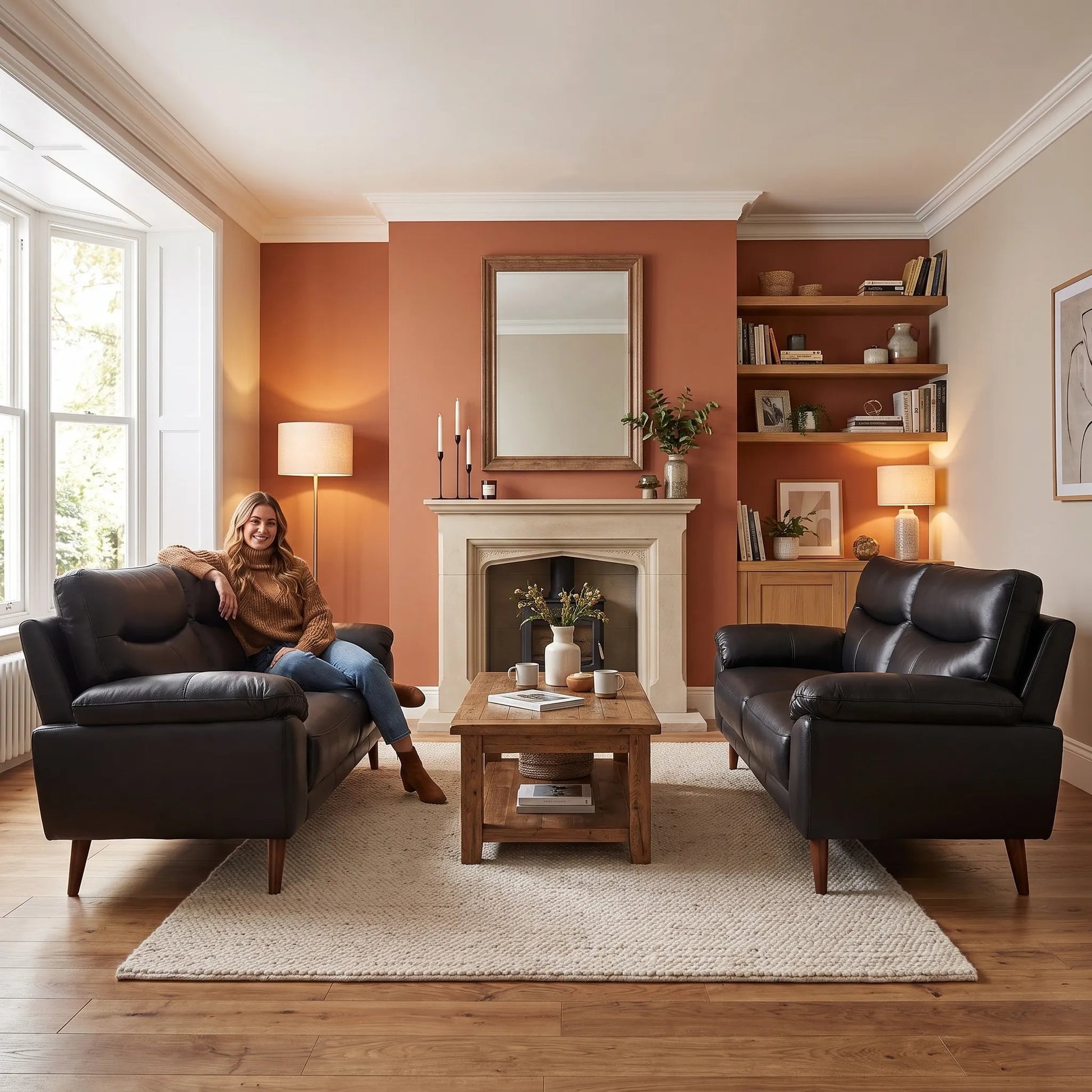 Vantage Genuine Leather Black 3+3 Seater Sofa Set - Furniture Instore