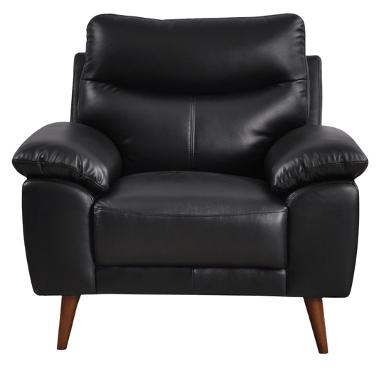 Front-facing view of the Vantage Black Armchair featuring sleek modern design and black upholstery on white background
