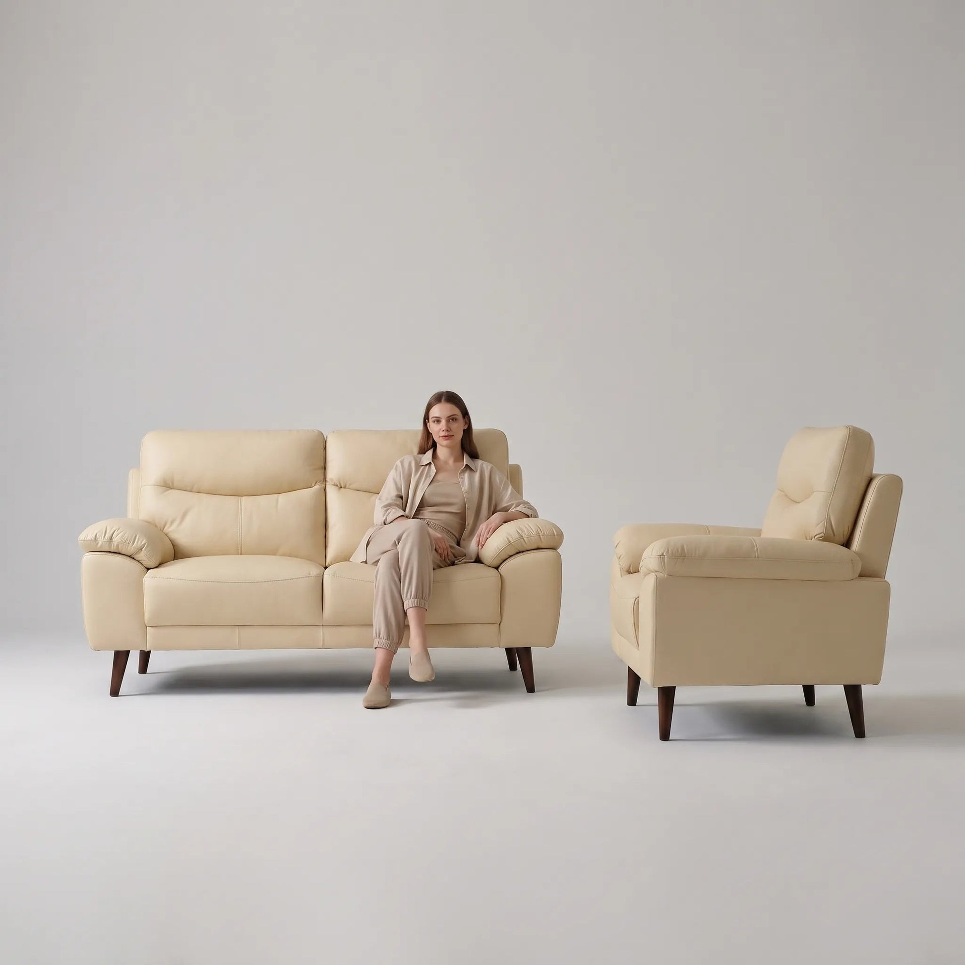 Vantage Genuine Leather Cream 2+1 Seater Sofa Set - Furniture Instore