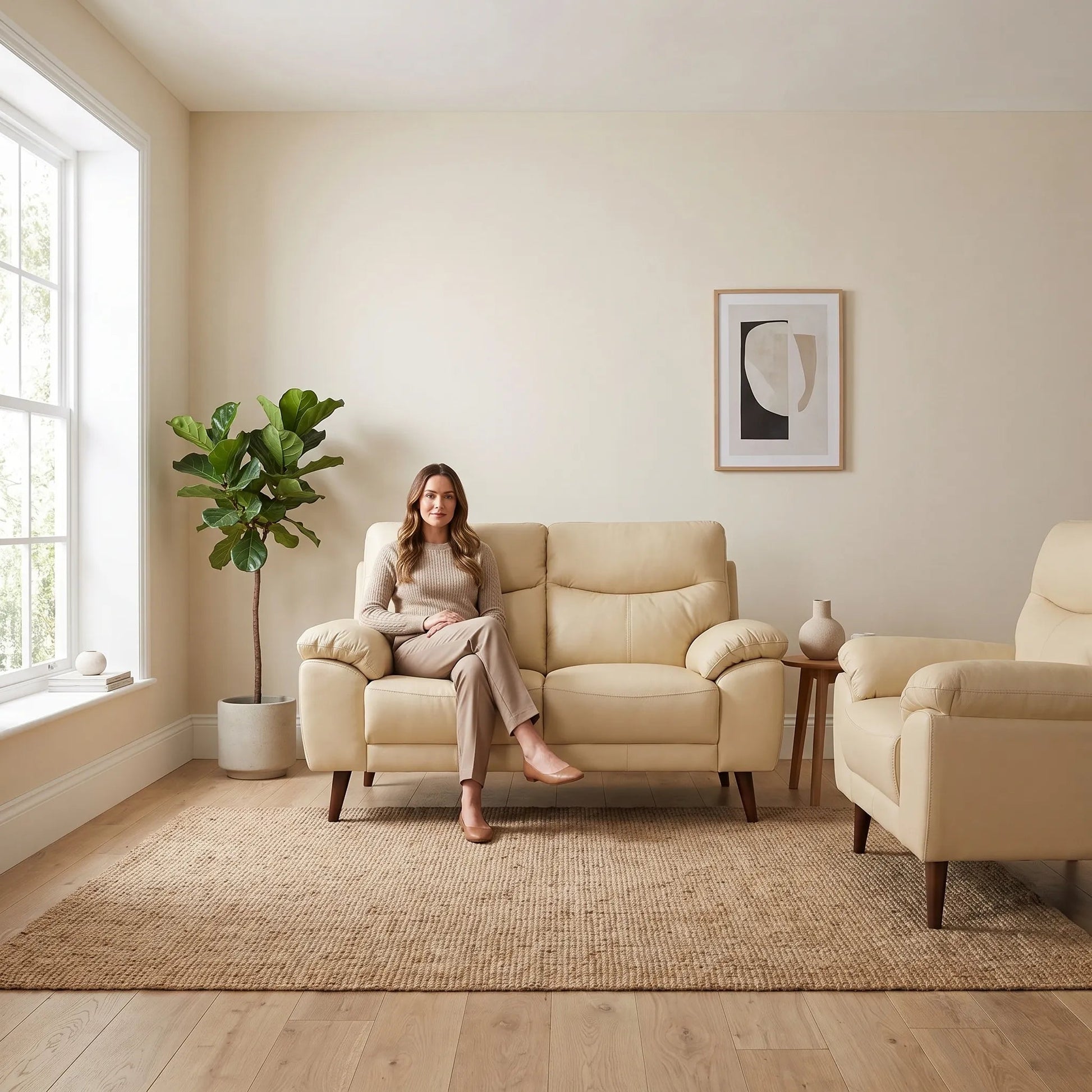 Vantage Genuine Leather Cream 2+1 Seater Sofa Set - Furniture Instore