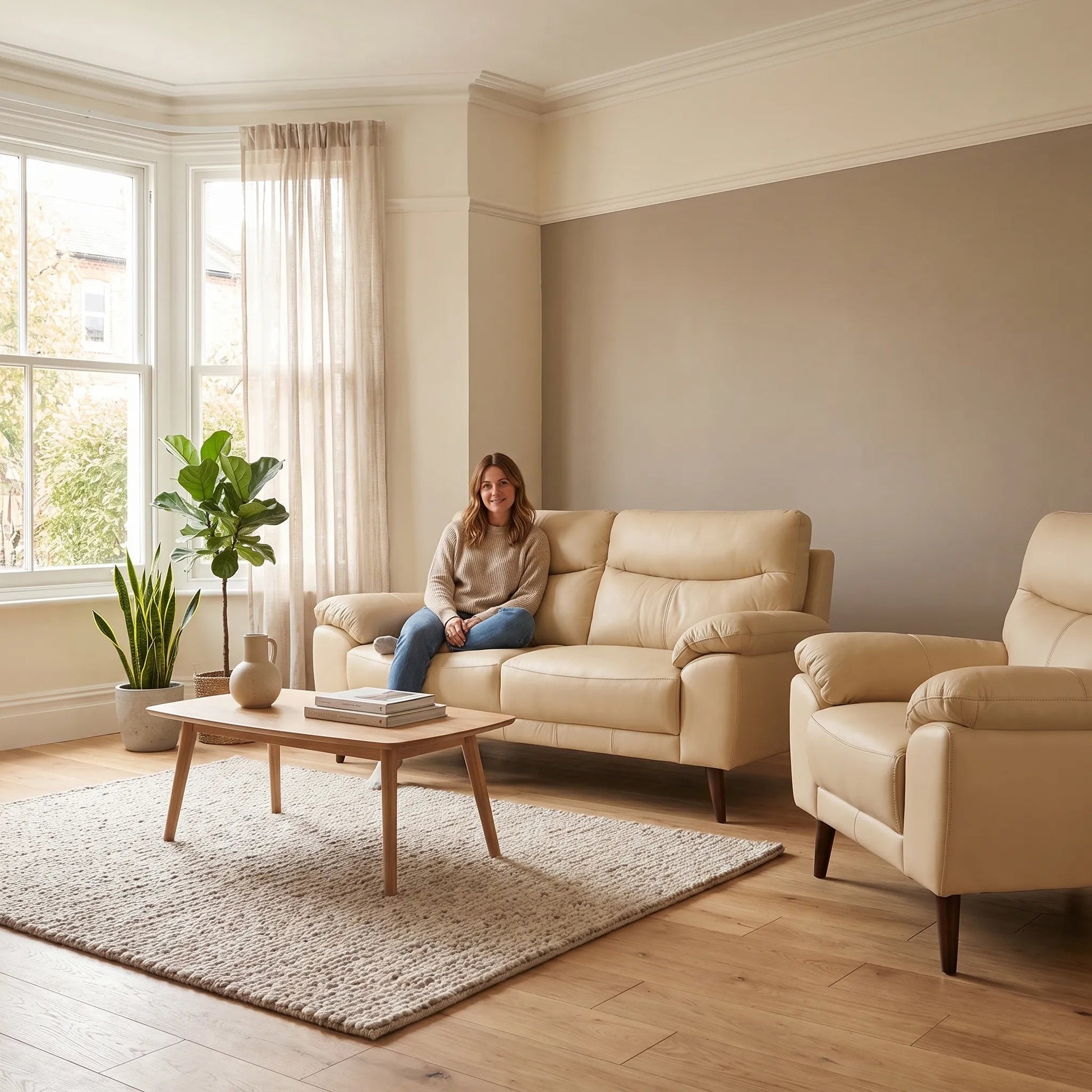 Vantage Genuine Leather Cream 3+1 Seater Sofa Set - Furniture Instore