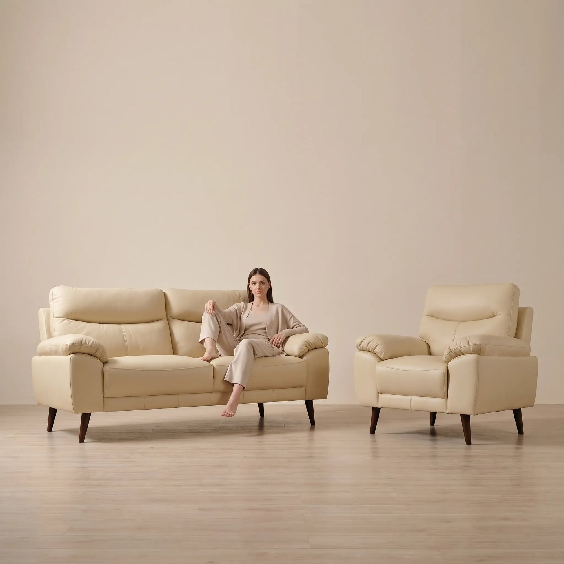 Vantage Genuine Leather Cream 3+1 Seater Sofa Set - Furniture Instore