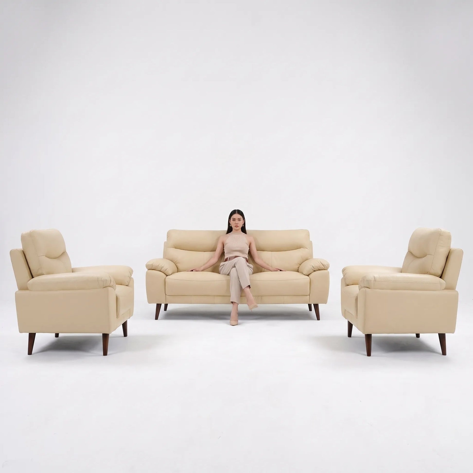 Vantage Genuine Leather Cream 3+1+1 Seater Sofa Set - Furniture Instore