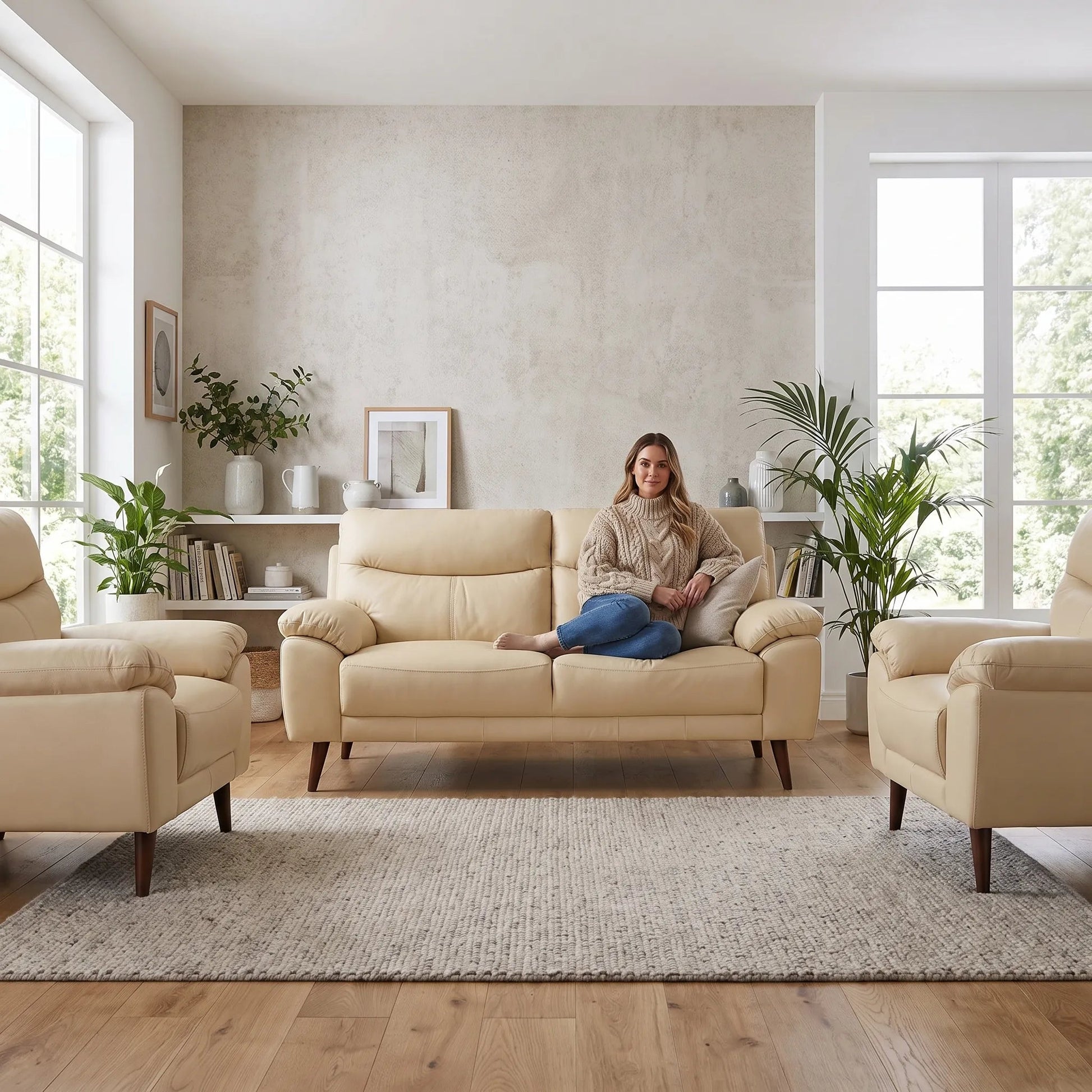 Vantage Genuine Leather Cream 3+1+1 Seater Sofa Set - Furniture Instore