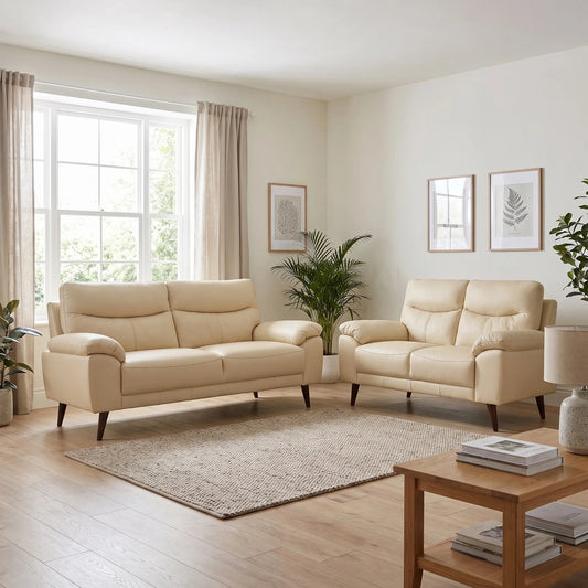 Vantage Genuine Leather Cream 3+2 Seater Sofa Set - Furniture Instore