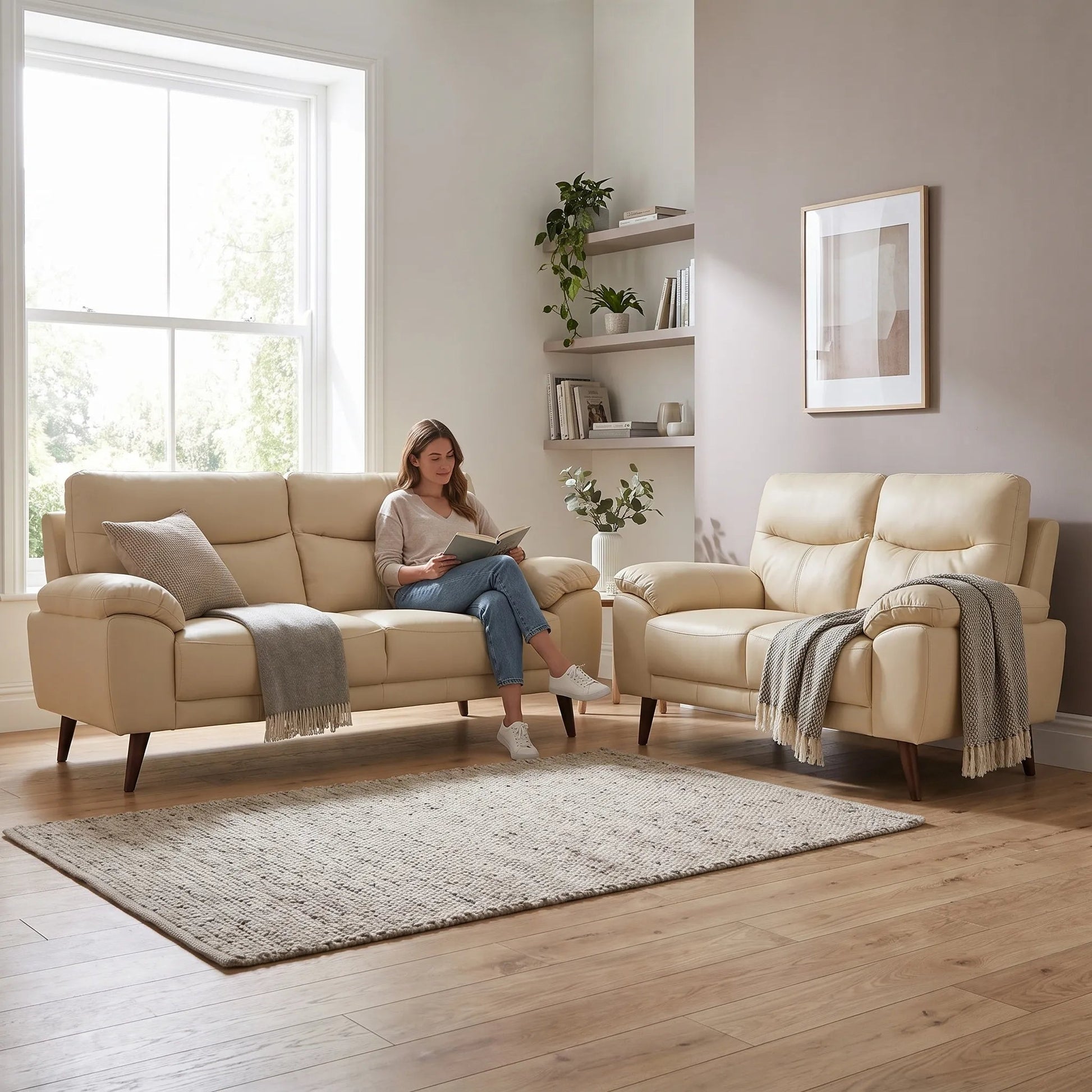 Vantage Genuine Leather Cream 3+2 Seater Sofa Set - Furniture Instore