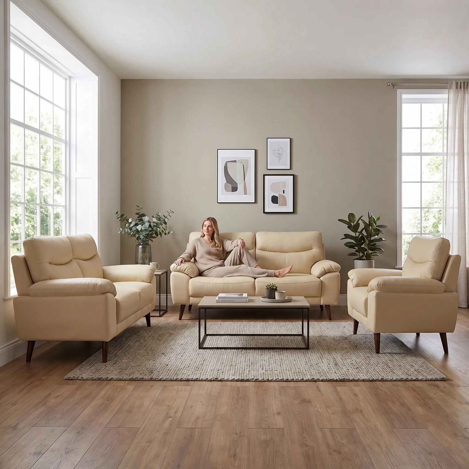 Vantage Genuine Leather Cream 3+2+1 Seater Sofa Set - Furniture Instore