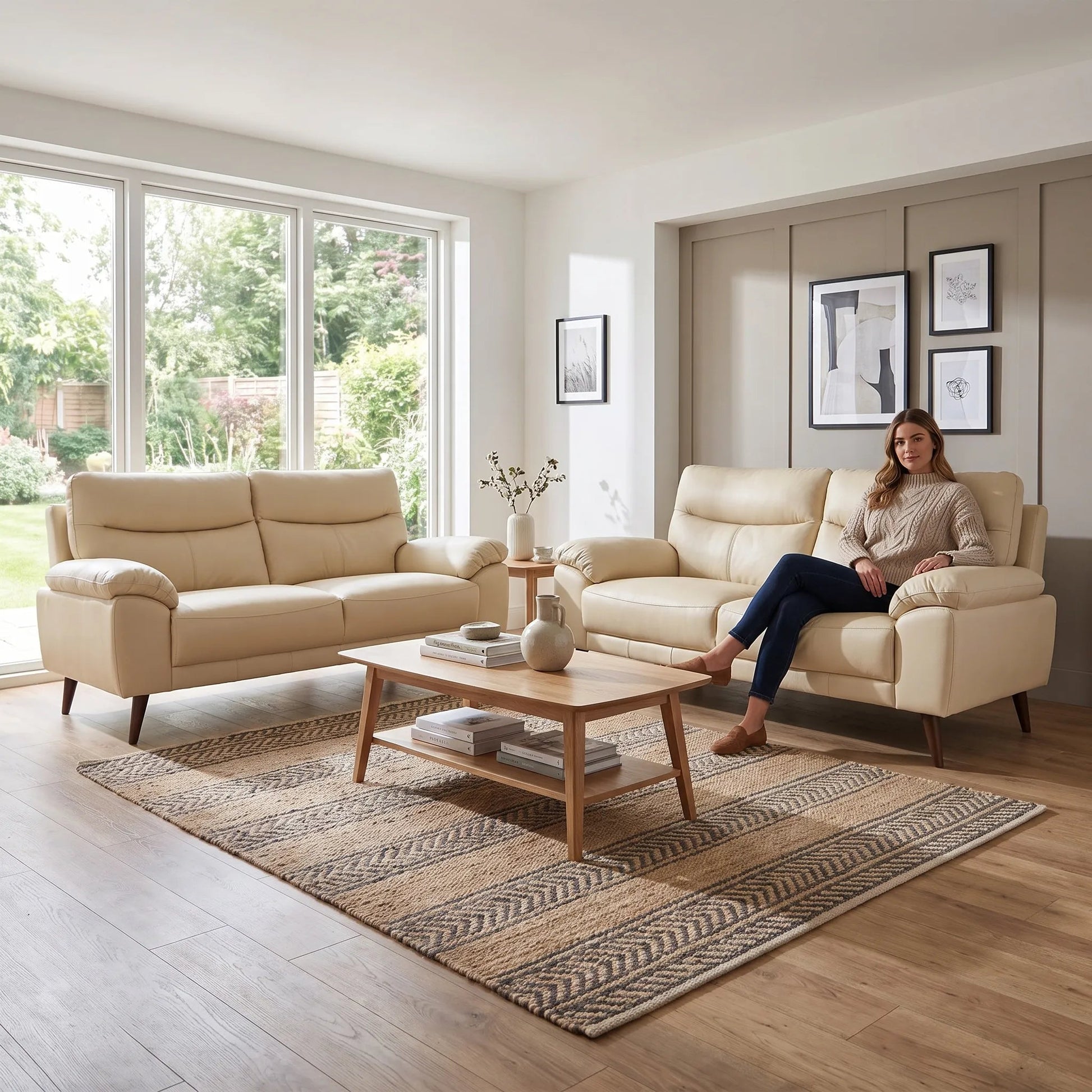 Vantage Genuine Leather Cream 3+3 Seater Sofa Set - Furniture Instore