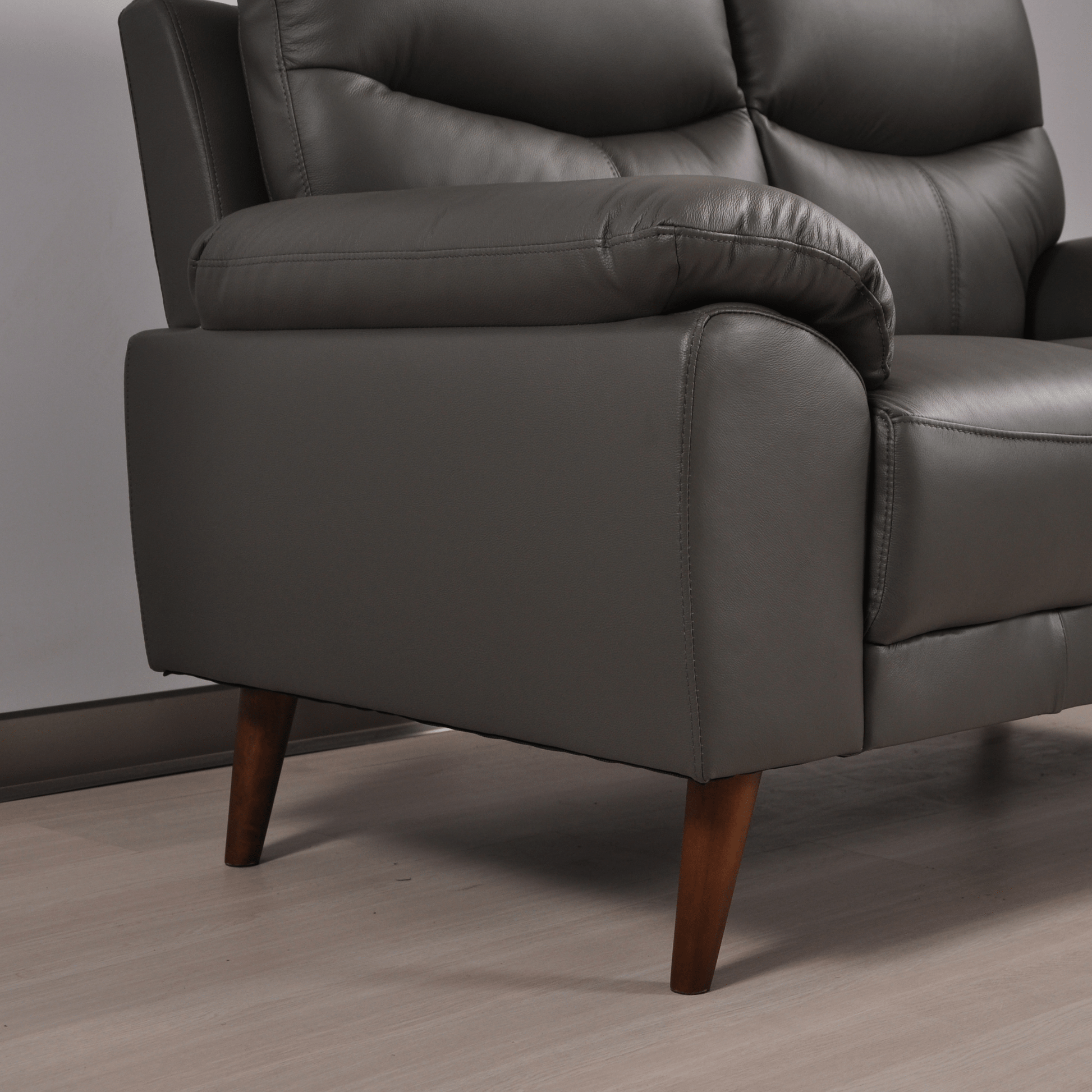 Vantage Grey 2-Seater Sofa close-up in living room set, highlighting cushions, fabric texture, and modern design details