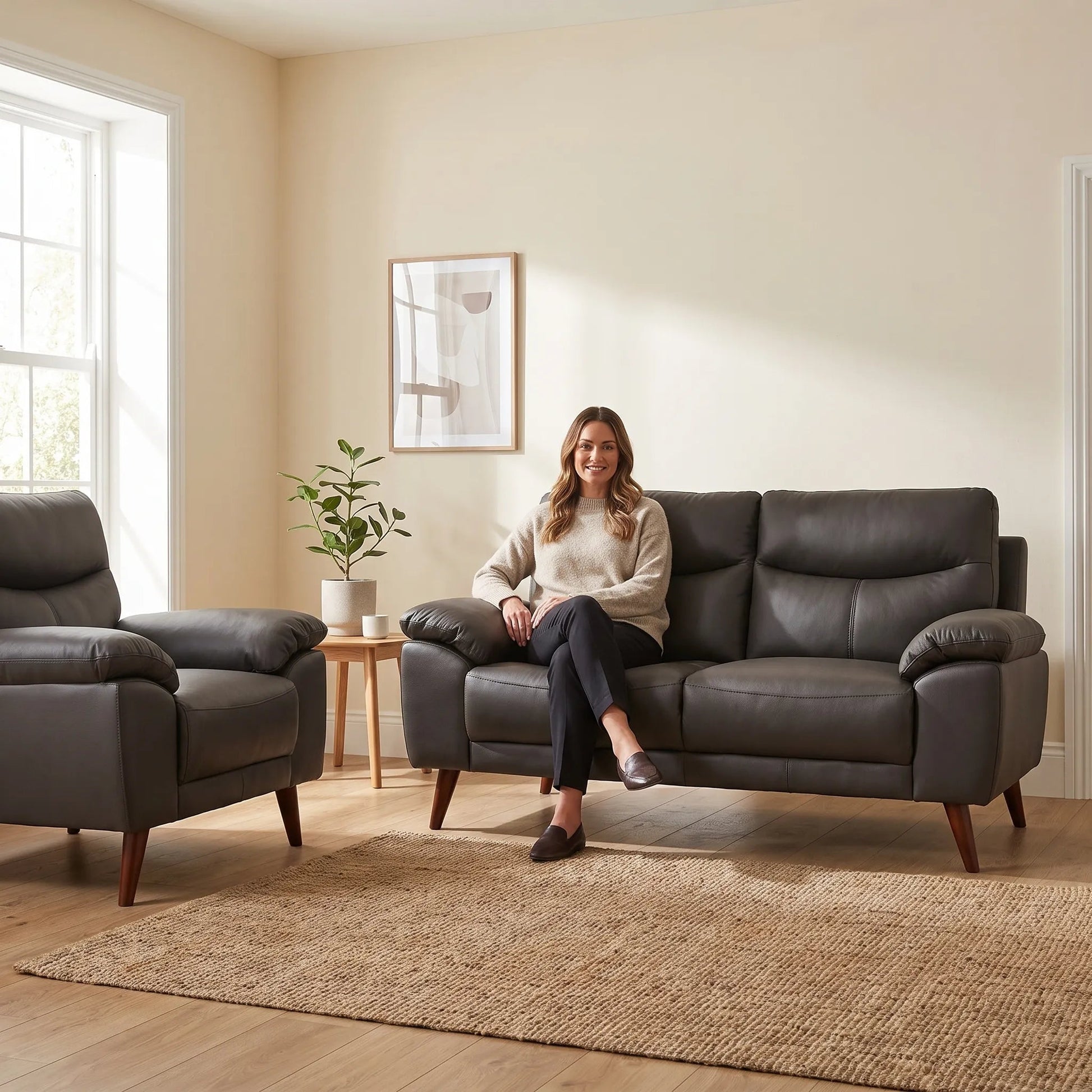 Vantage Genuine Leather Grey 2+1 Seater Sofa Set - Furniture Instore