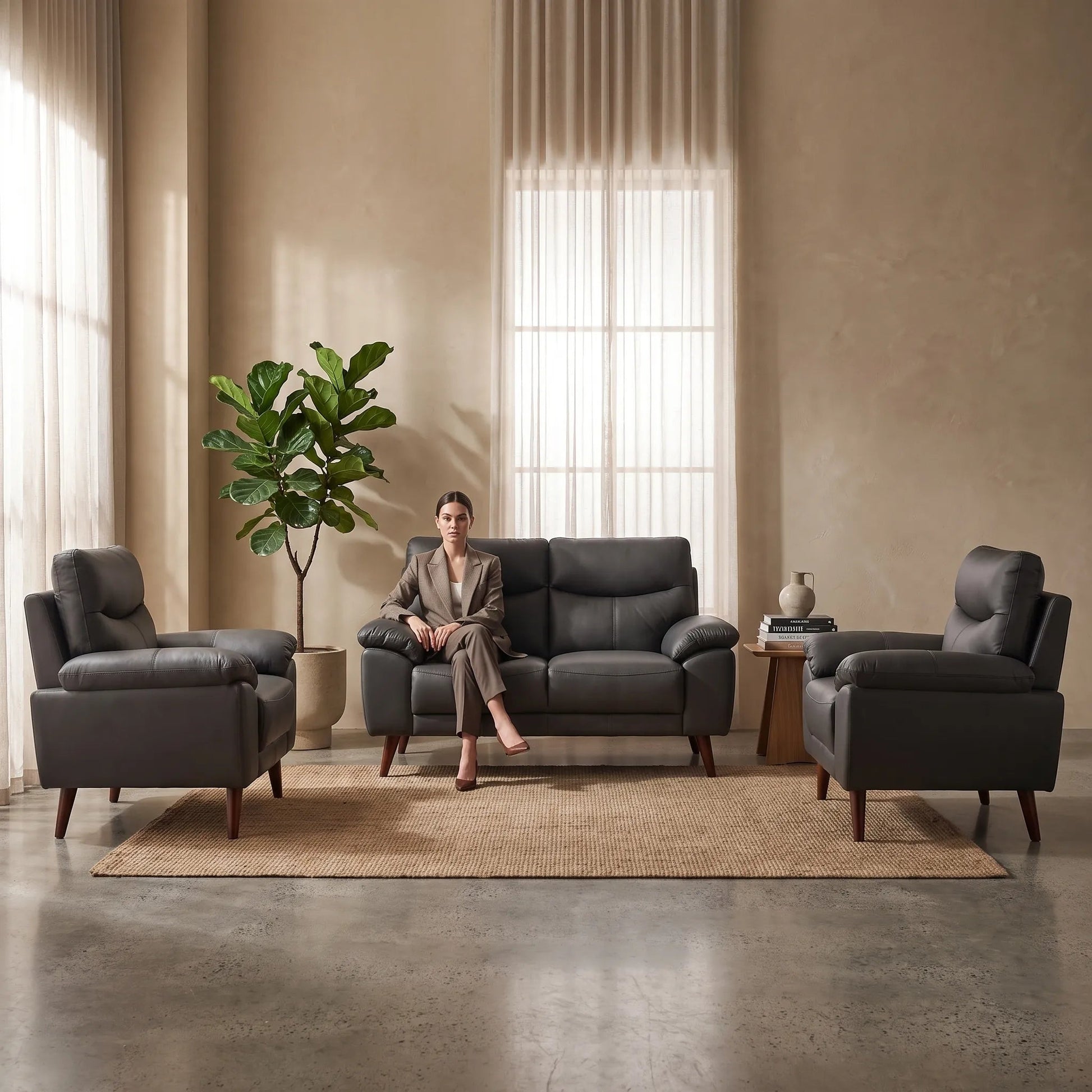 Vantage Genuine Leather Grey 2+1+1 Seater Sofa Set - Furniture Instore