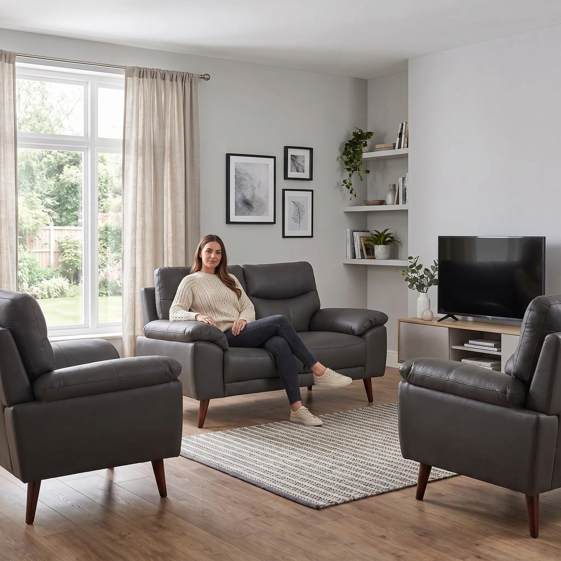 Vantage Genuine Leather Grey 2+1+1 Seater Sofa Set - Furniture Instore