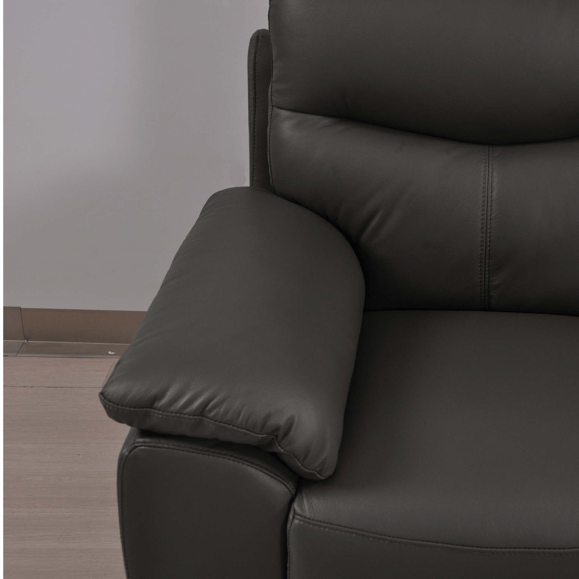 Vantage Grey 2-Seater Sofa close-up in living room set, highlighting cushions, fabric texture, and modern design details