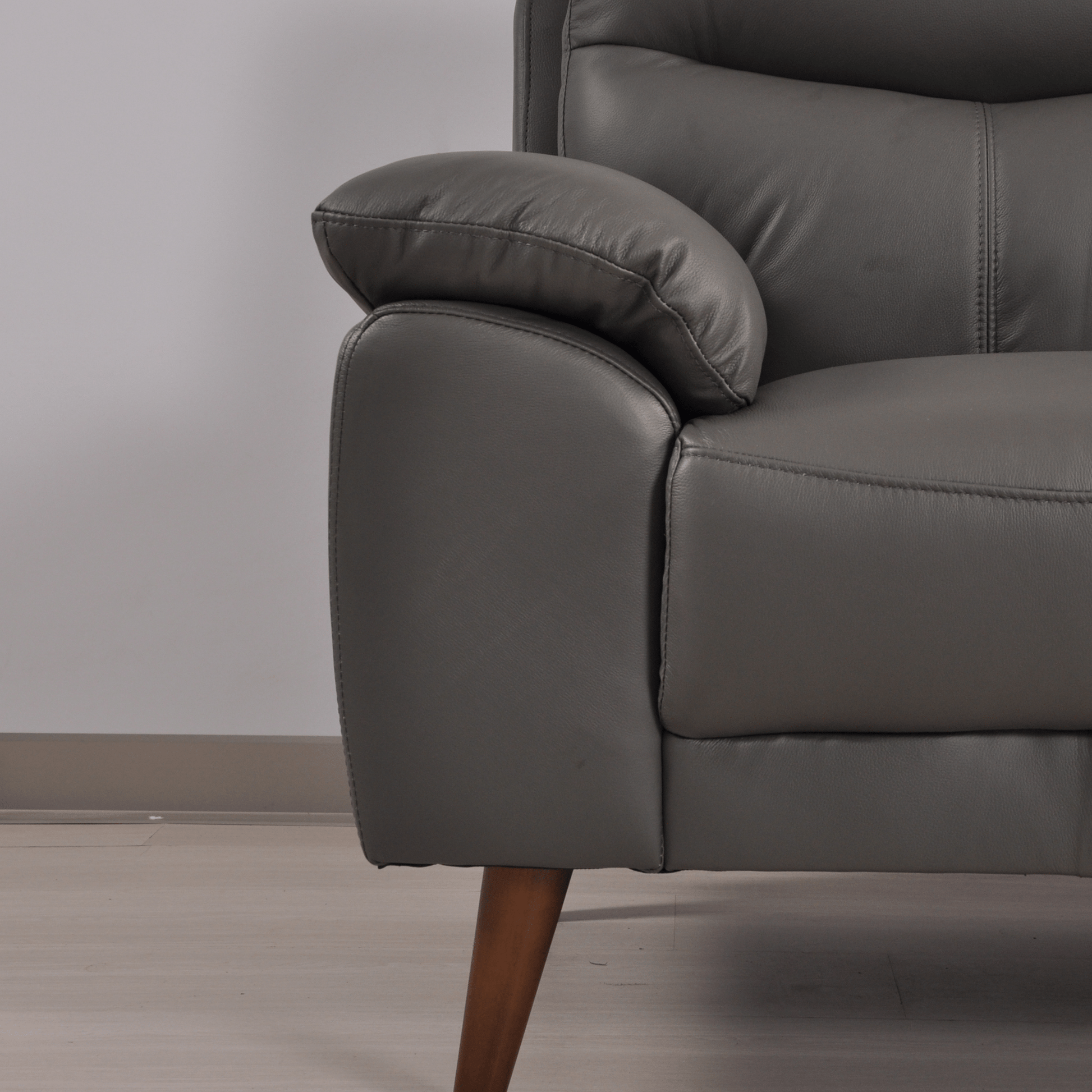 Vantage Grey 2-Seater Sofa close-up angled view in living room set, showcasing cushions, fabric texture, and modern design details