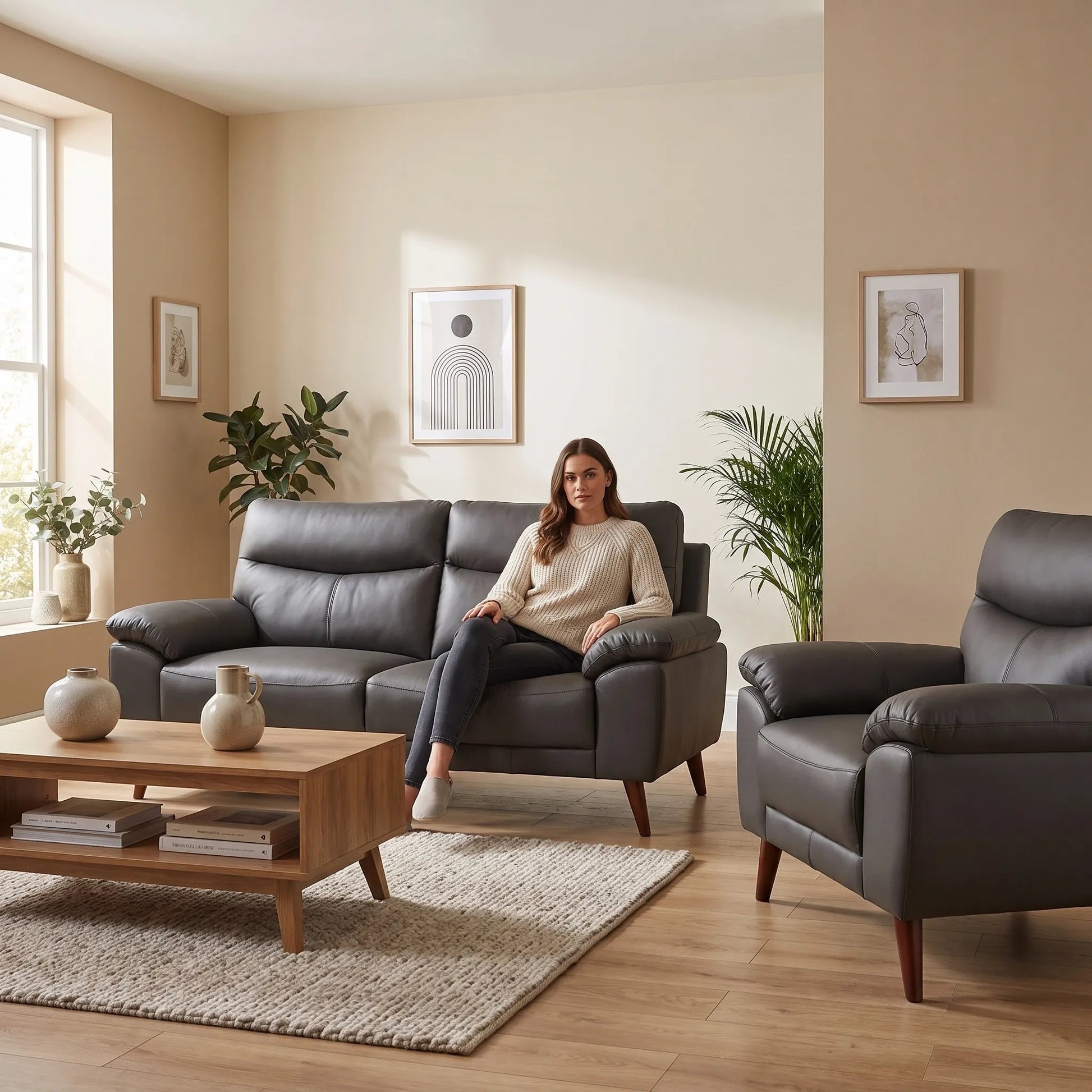 Vantage Genuine Leather Grey 3+1 Seater Sofa Set - Furniture Instore