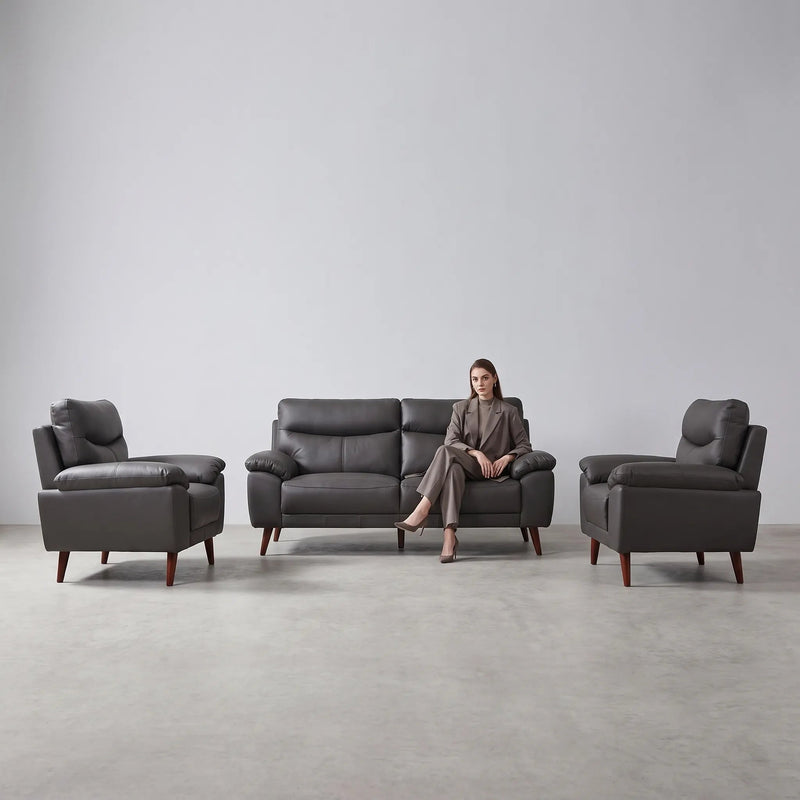 Vantage Genuine Leather Grey 3+1+1 Seater Sofa Set - Furniture Instore