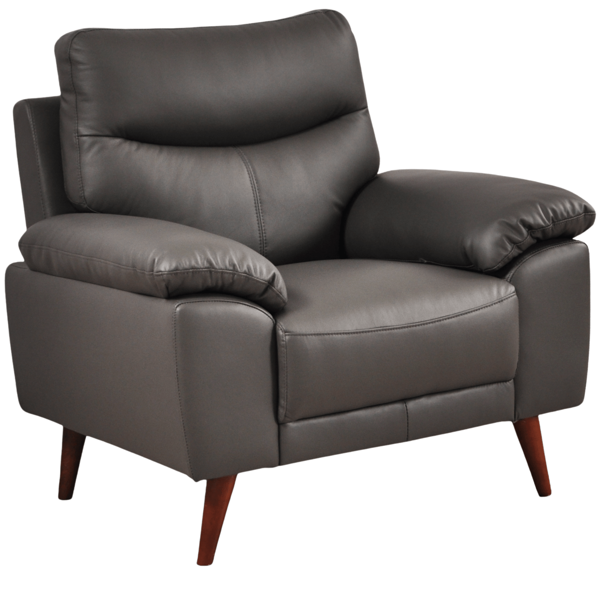 Vantage Grey Armchair angled view on white background, showing cushions, clean lines, and modern design details