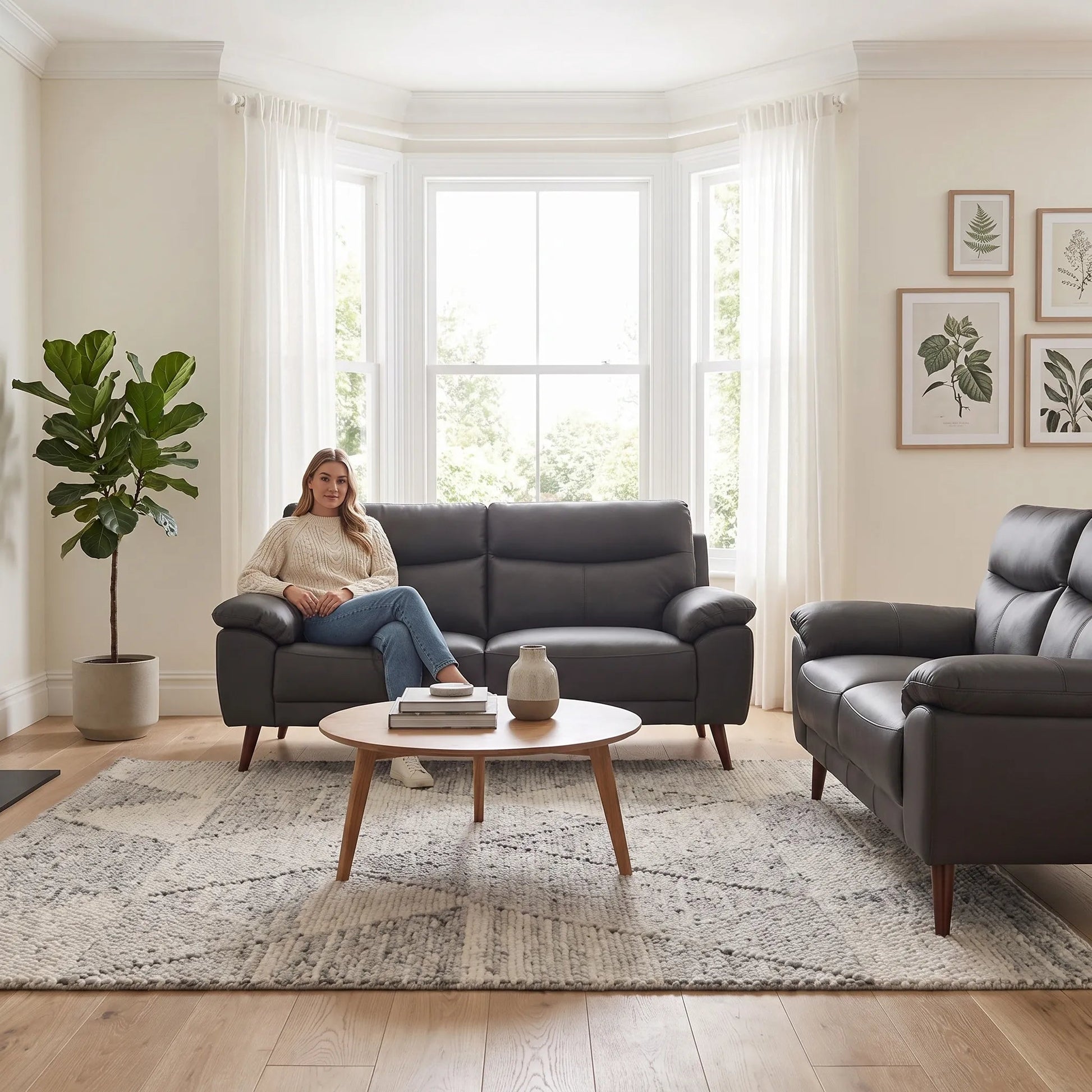 Vantage Genuine Leather Grey 3+2 Seater Sofa Set - Furniture Instore