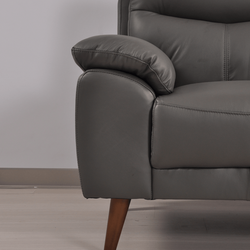 Vantage Grey 2-Seater Sofa close-up angled view in living room set, showcasing cushions, fabric texture, and modern design details