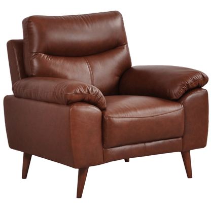 Vantage Tan Armchair angled view on white background, showing cushions, clean lines, and modern design details