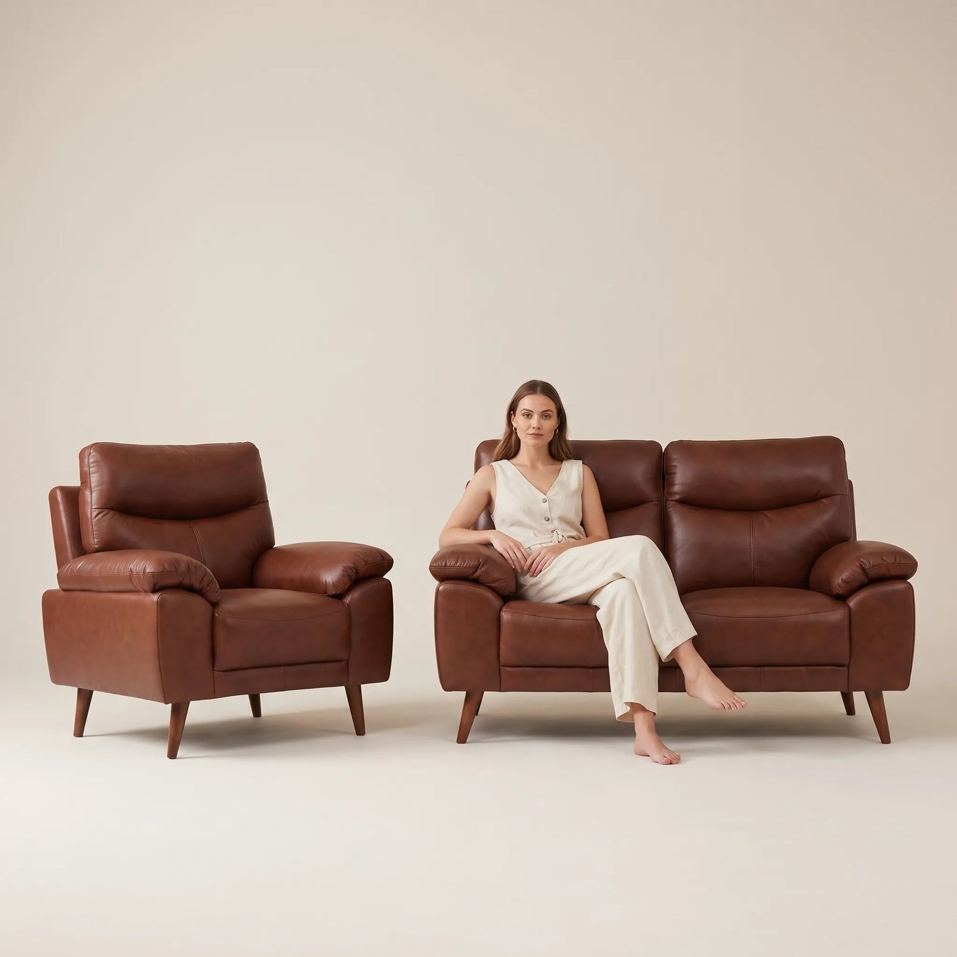 Vantage Genuine Leather Tan 2+1 Seater Sofa Set - Furniture Instore