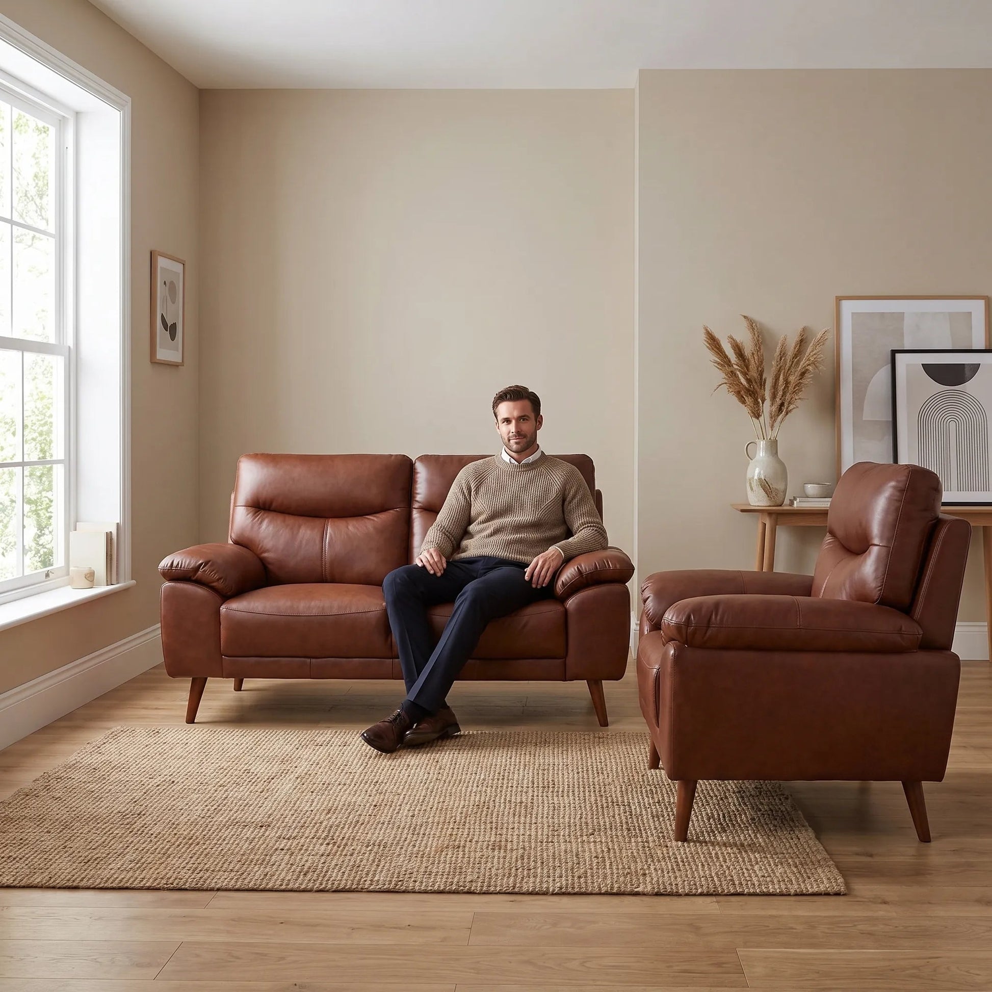 Vantage Genuine Leather Tan 2+1 Seater Sofa Set - Furniture Instore