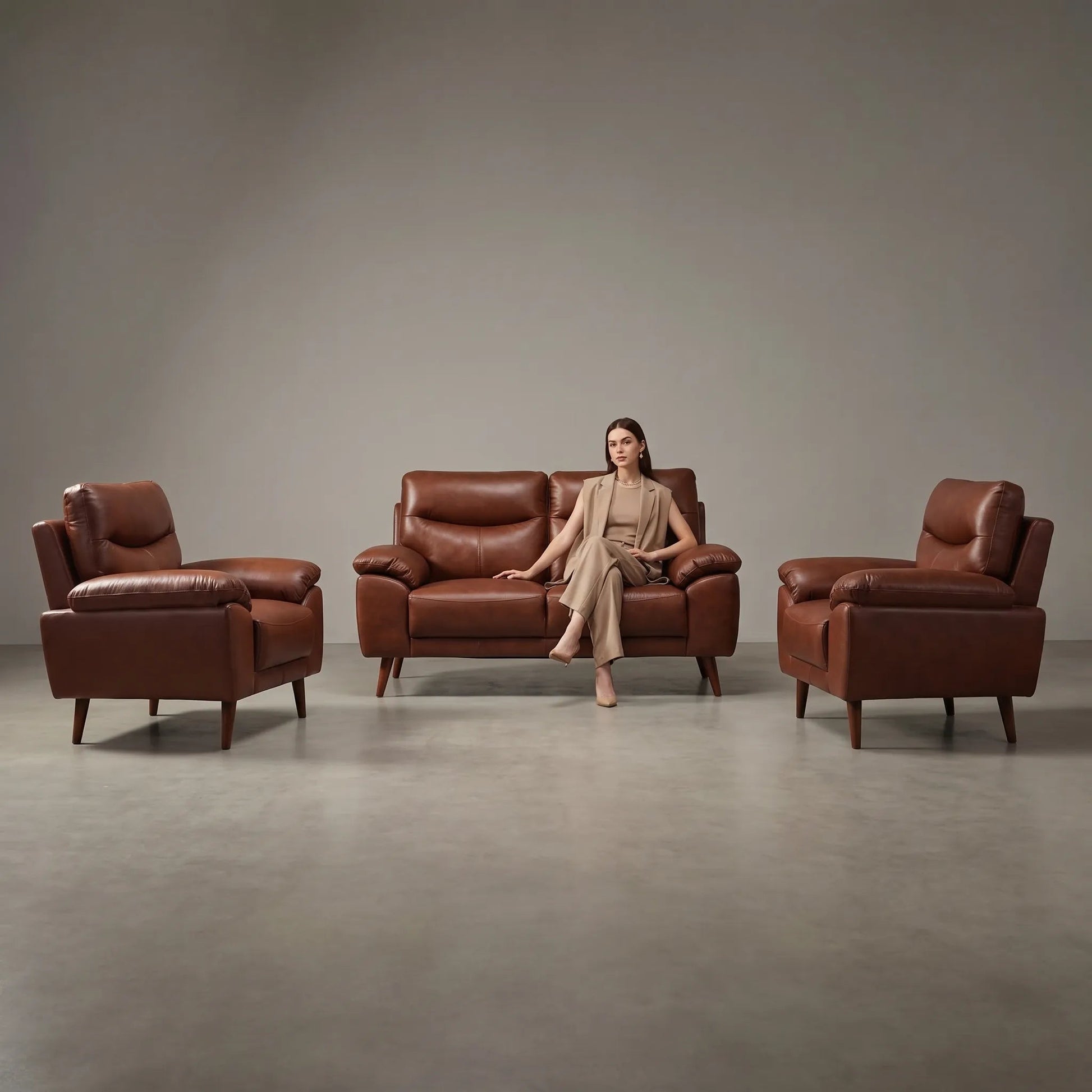 Vantage Genuine Leather Tan 2+1+1 Seater Sofa Set - Furniture Instore