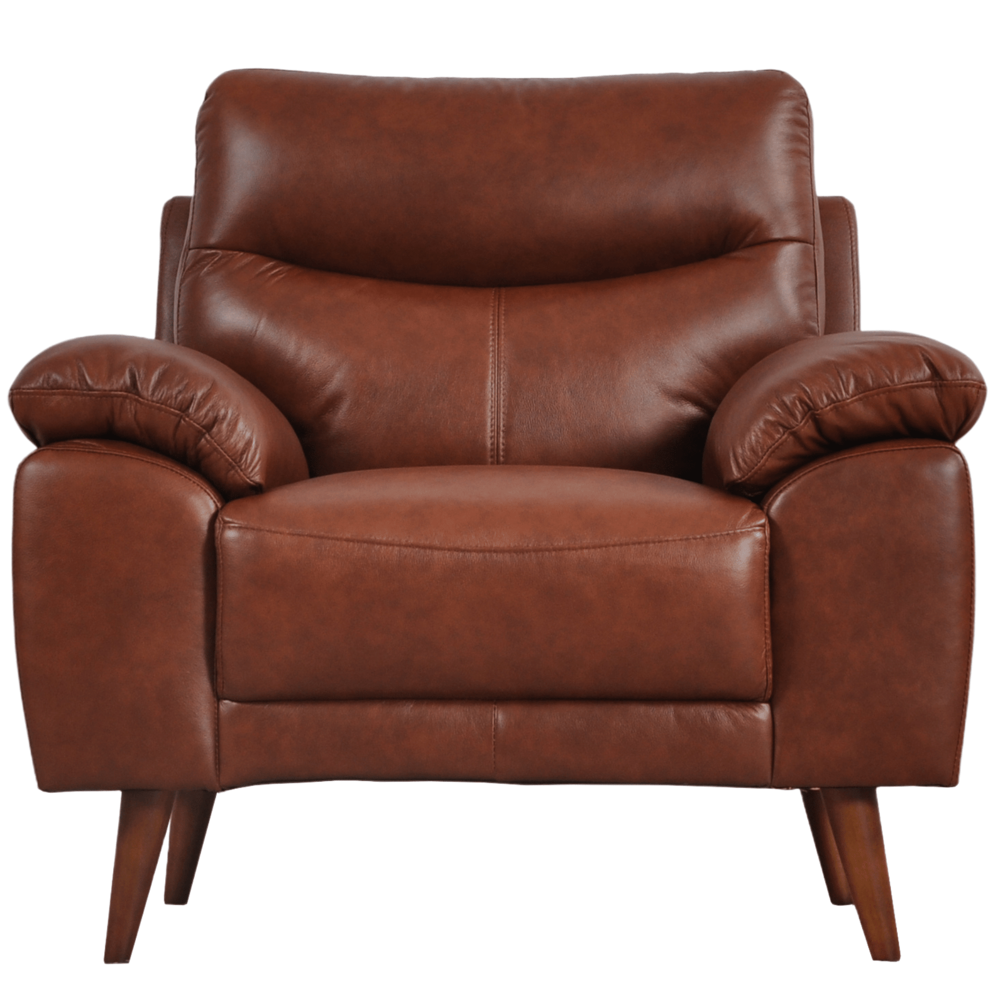 Vantage Tan Armchair front facing on white background, showcasing clean lines, cushioned seat, and modern design details