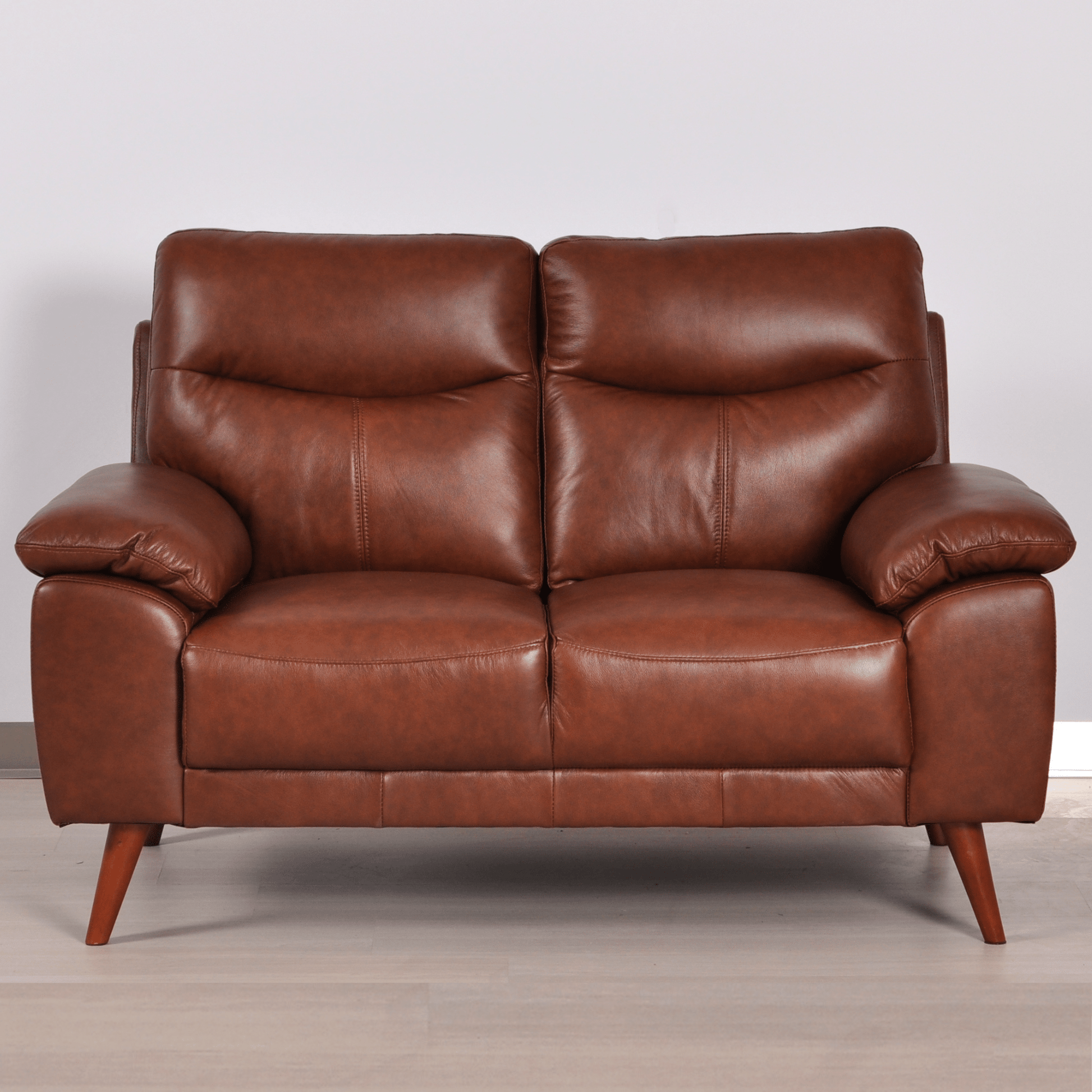 Vantage tan 2-seater sofa in a modern living room with neutral decor, warm lighting, and stylish accents