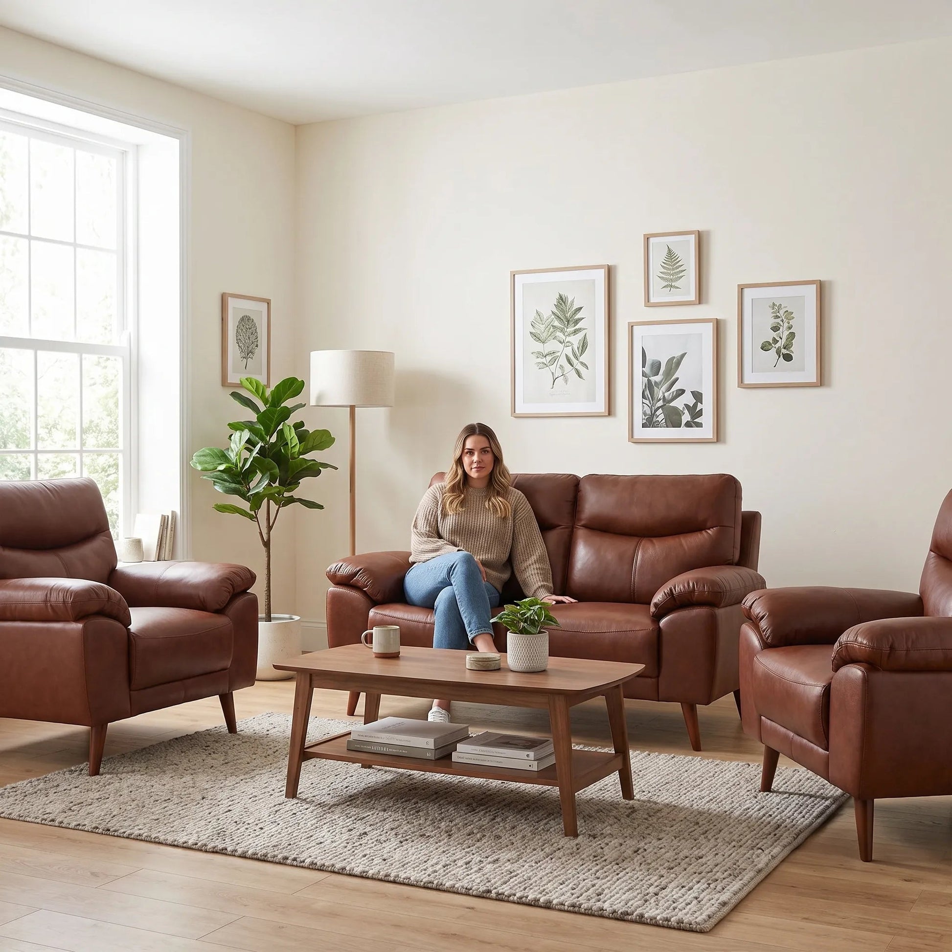 Vantage Genuine Leather Tan 2+1+1 Seater Sofa Set - Furniture Instore