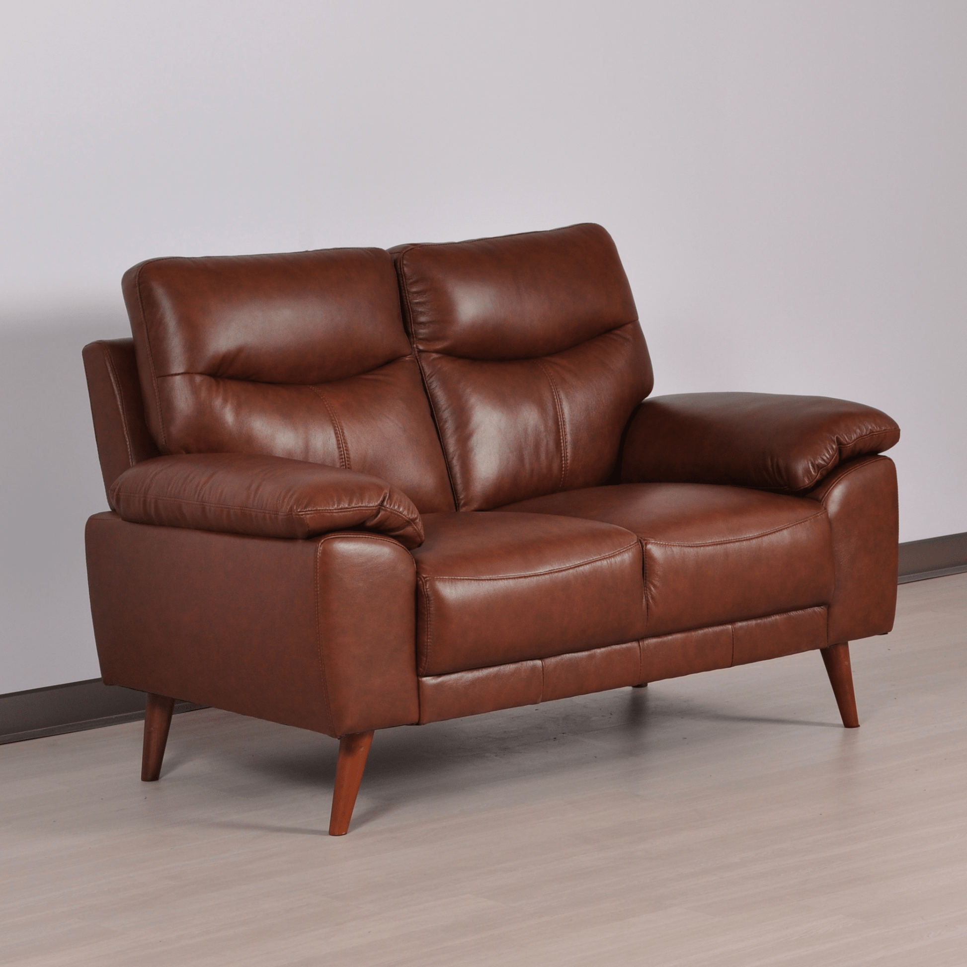 Vantage Tan 2-Seater Sofa angled view in modern living room with neutral décor and soft lighting