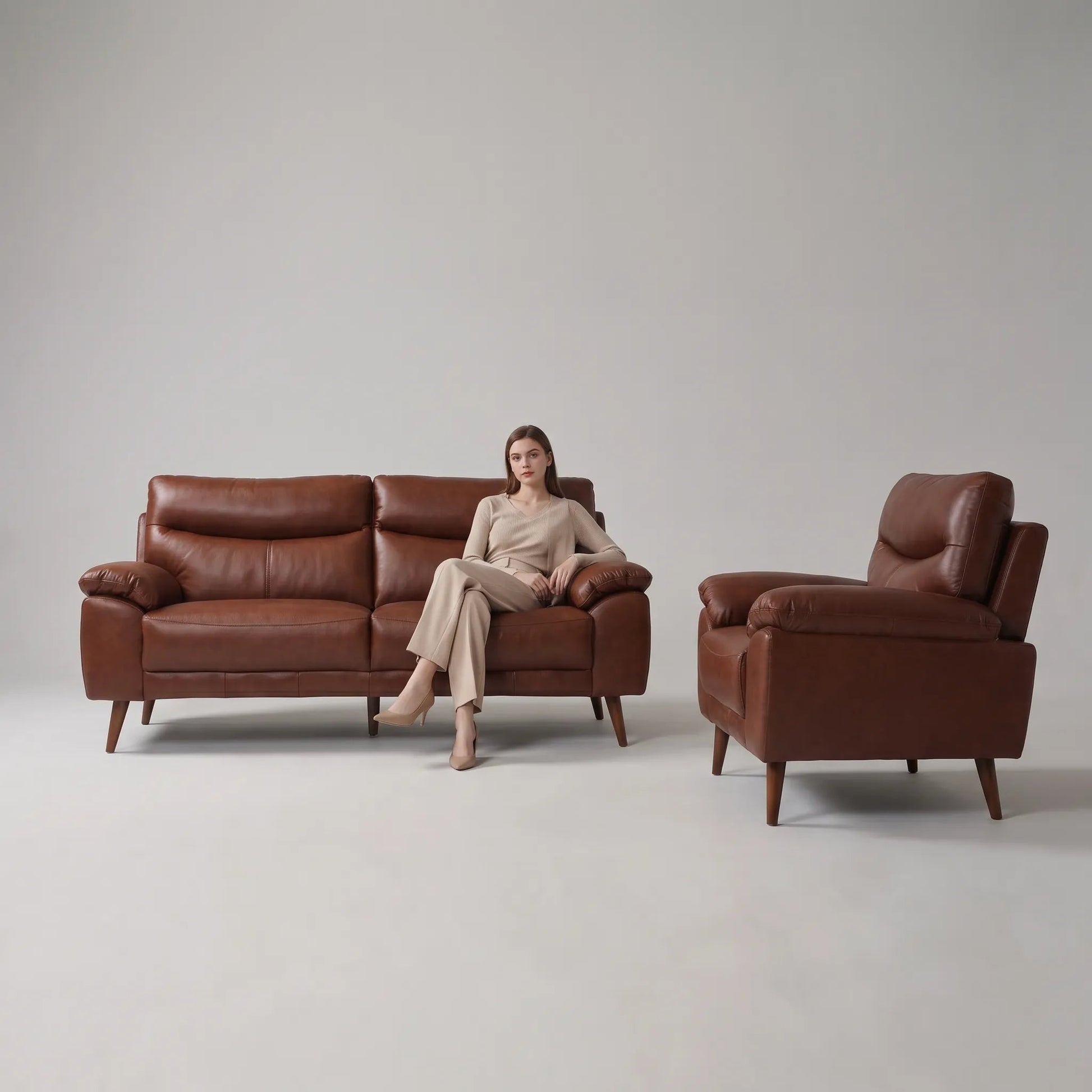 Vantage Genuine Leather Tan 3+1 Seater Sofa Set - Furniture Instore