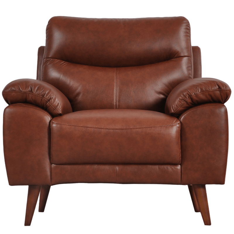 Front-facing Vantage tan armchair on a white background with cushioned seat and modern design