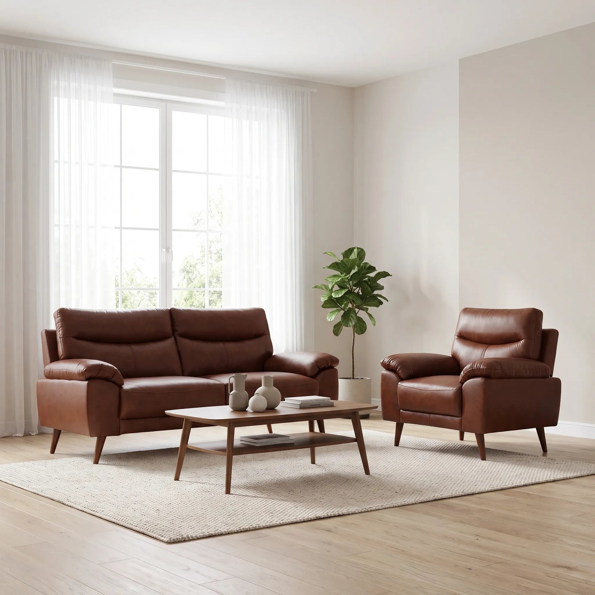 Vantage Genuine Leather Tan 3+1+1 Seater Sofa Set - Furniture Instore