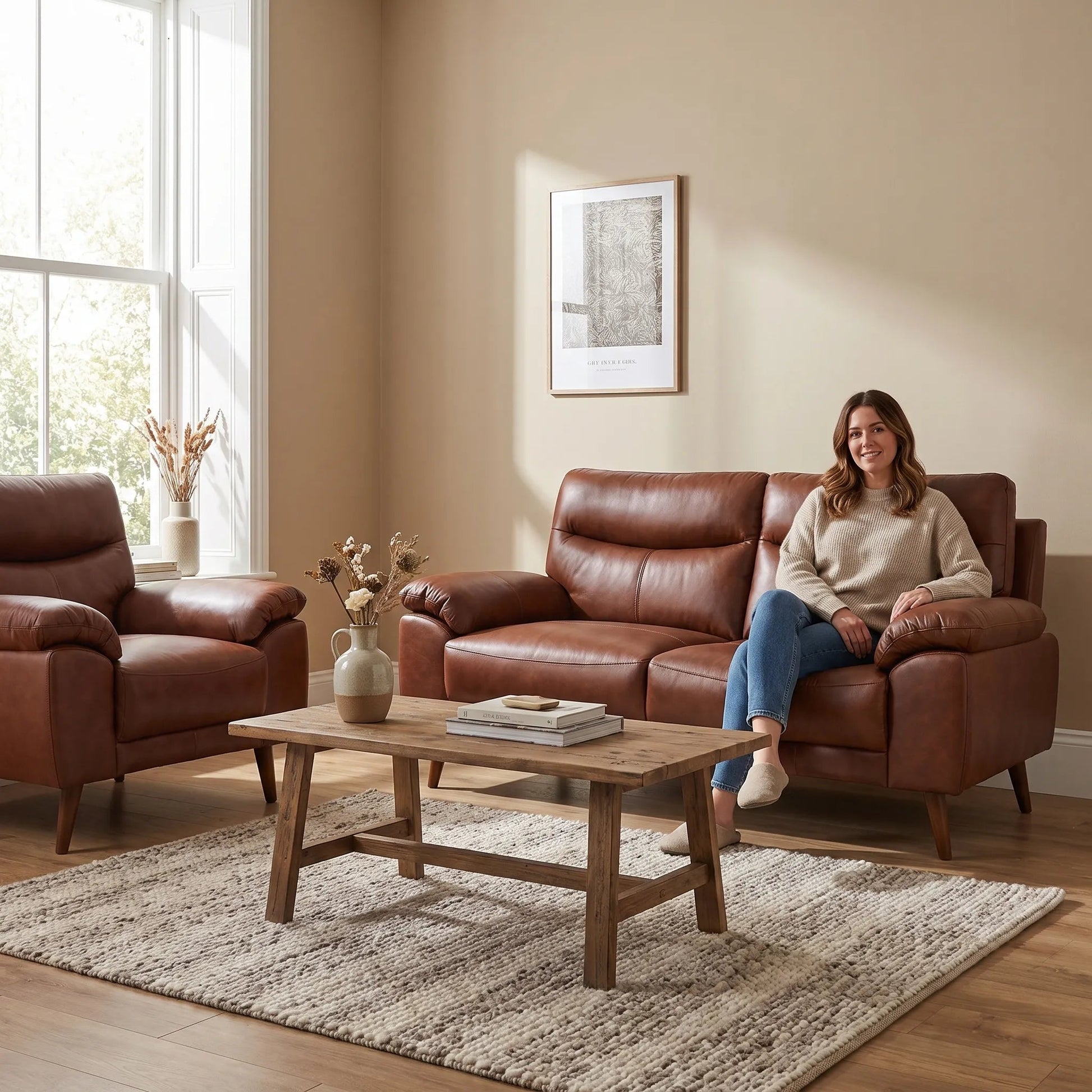 Vantage Genuine Leather Tan 3+1+1 Seater Sofa Set - Furniture Instore