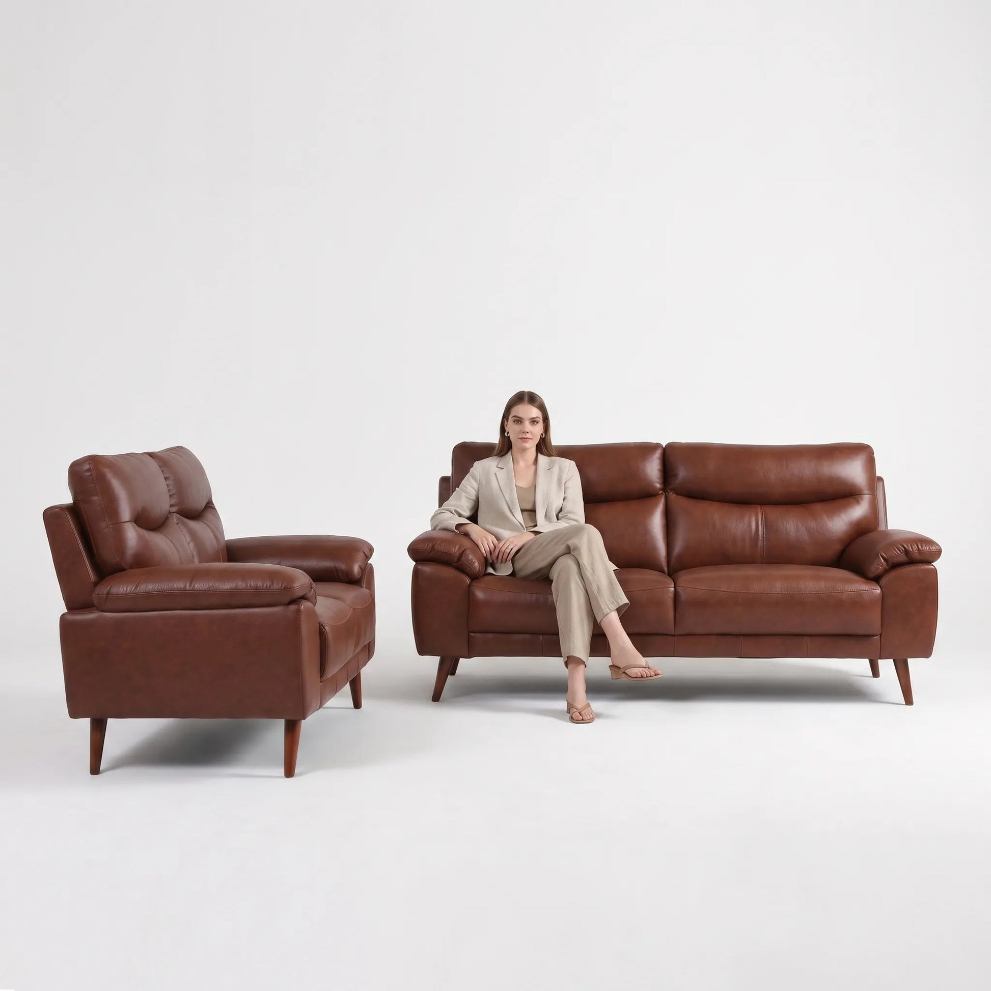 Vantage Genuine Leather Tan 3+2 Seater Sofa Set - Furniture Instore