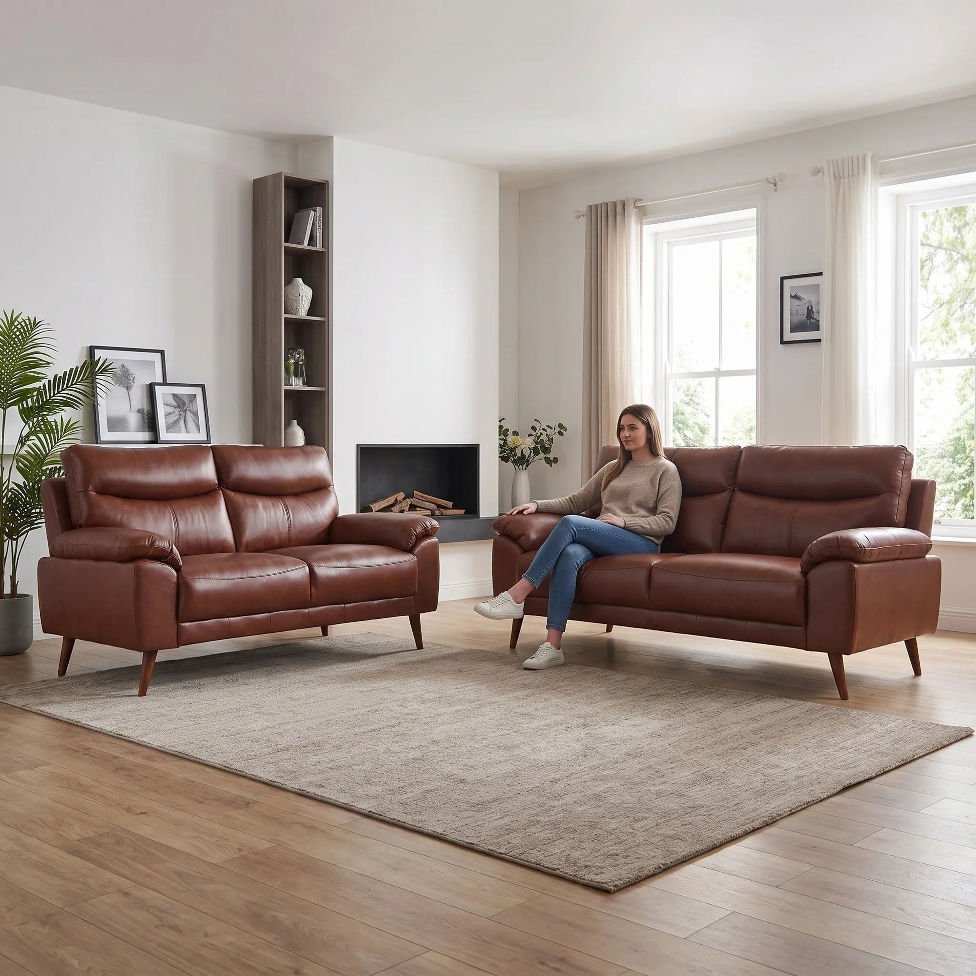 Vantage Genuine Leather Tan 3+2 Seater Sofa Set - Furniture Instore