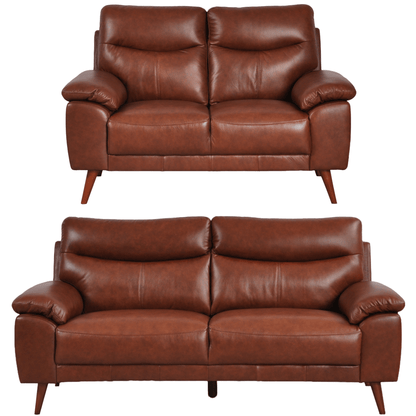 Vantage Tan 3+2 Sofa combo front facing on white background, showing cushions, clean lines, and modern design details