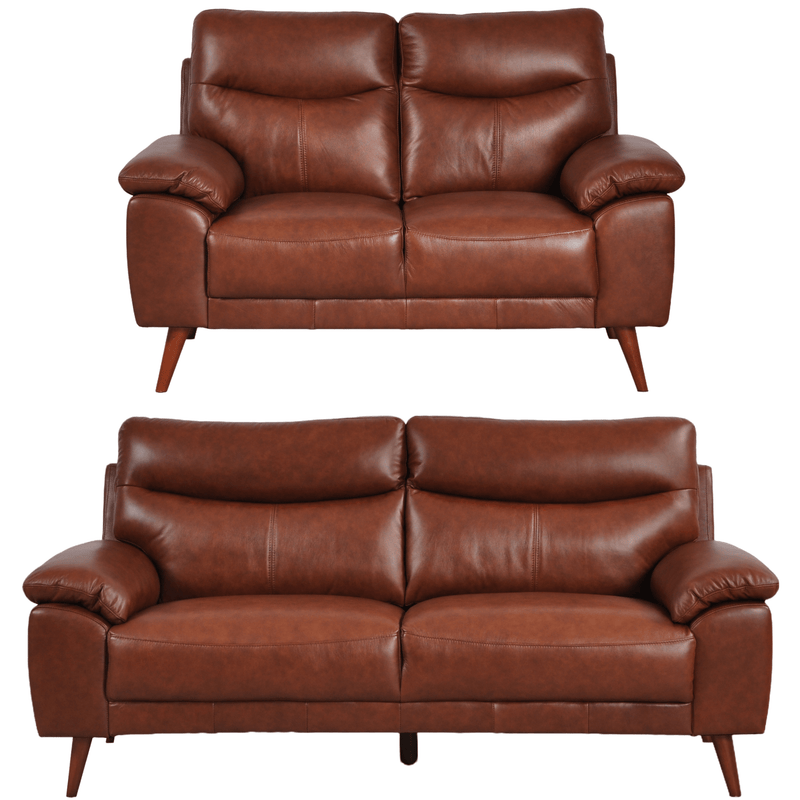 Vantage Tan 3+2 Sofa combo front facing on white background, showing cushions, clean lines, and modern design details