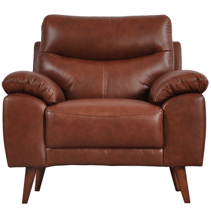 Front-facing Vantage tan armchair on a white background with cushioned seat and modern design