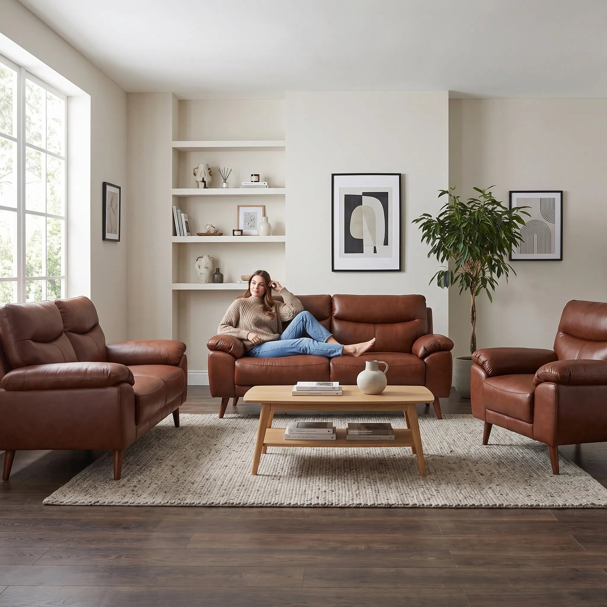 Vantage Genuine Leather Tan 3+2+1 Seater Sofa Set - Furniture Instore