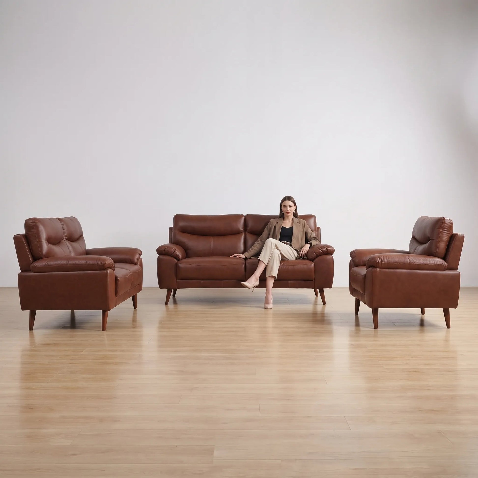 Vantage Genuine Leather Tan 3+2+1 Seater Sofa Set - Furniture Instore